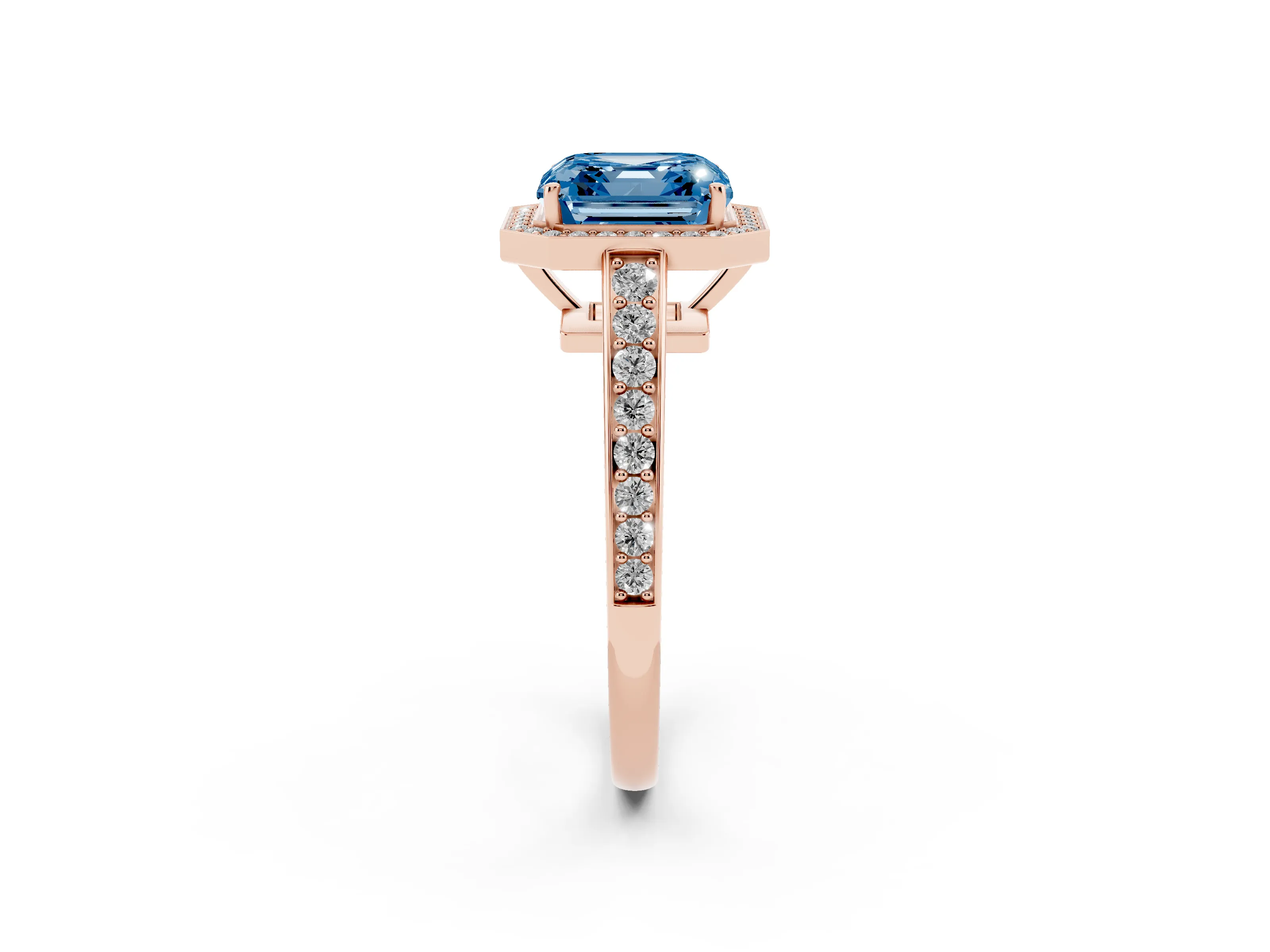 Fancy Blue Asscher Cut Diamond Halo Pavé Engagement Ring Set in Rose gold with Bezel Setting