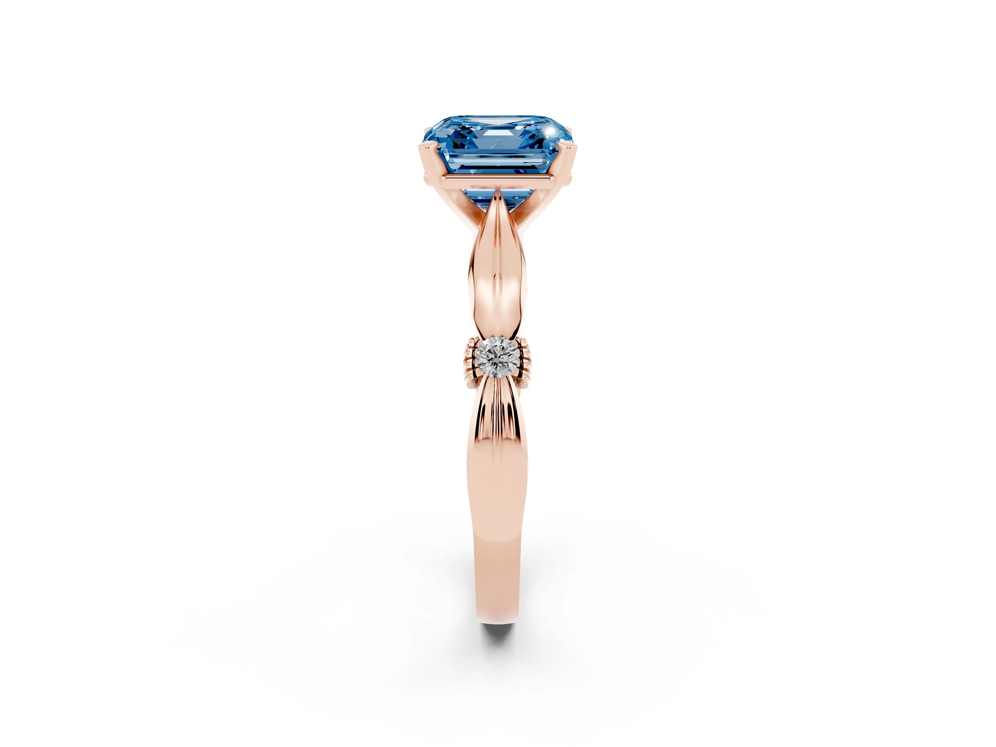 Fancy Blue Asscher Cut Diamond Solitaire Twisted Band Ring Set in Rose gold with Accent Stones and Prong Setting