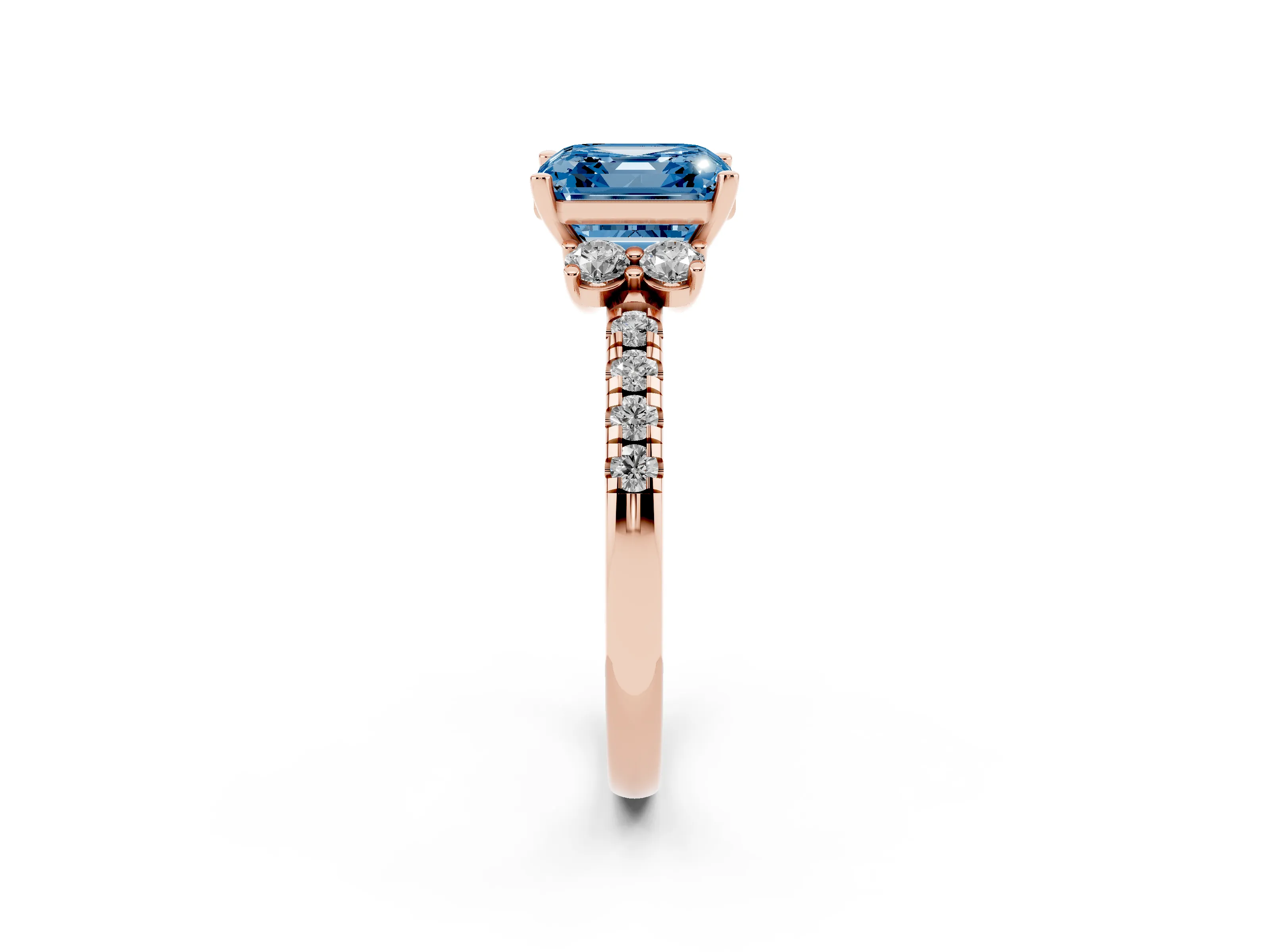 Fancy Blue Asscher Cut Diamond Three-Stone Pavé Ring Set in Rose gold with Prong Setting