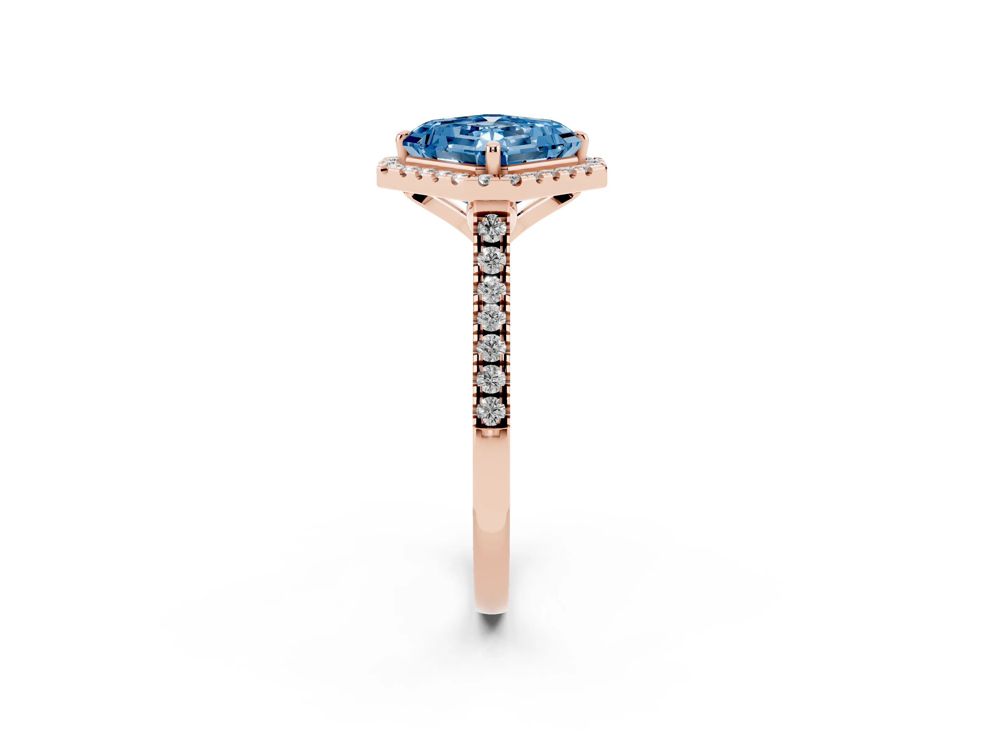 Fancy Blue Asscher Cut Diamond Cushion Halo Ring Set in Rose gold with Pavé Band