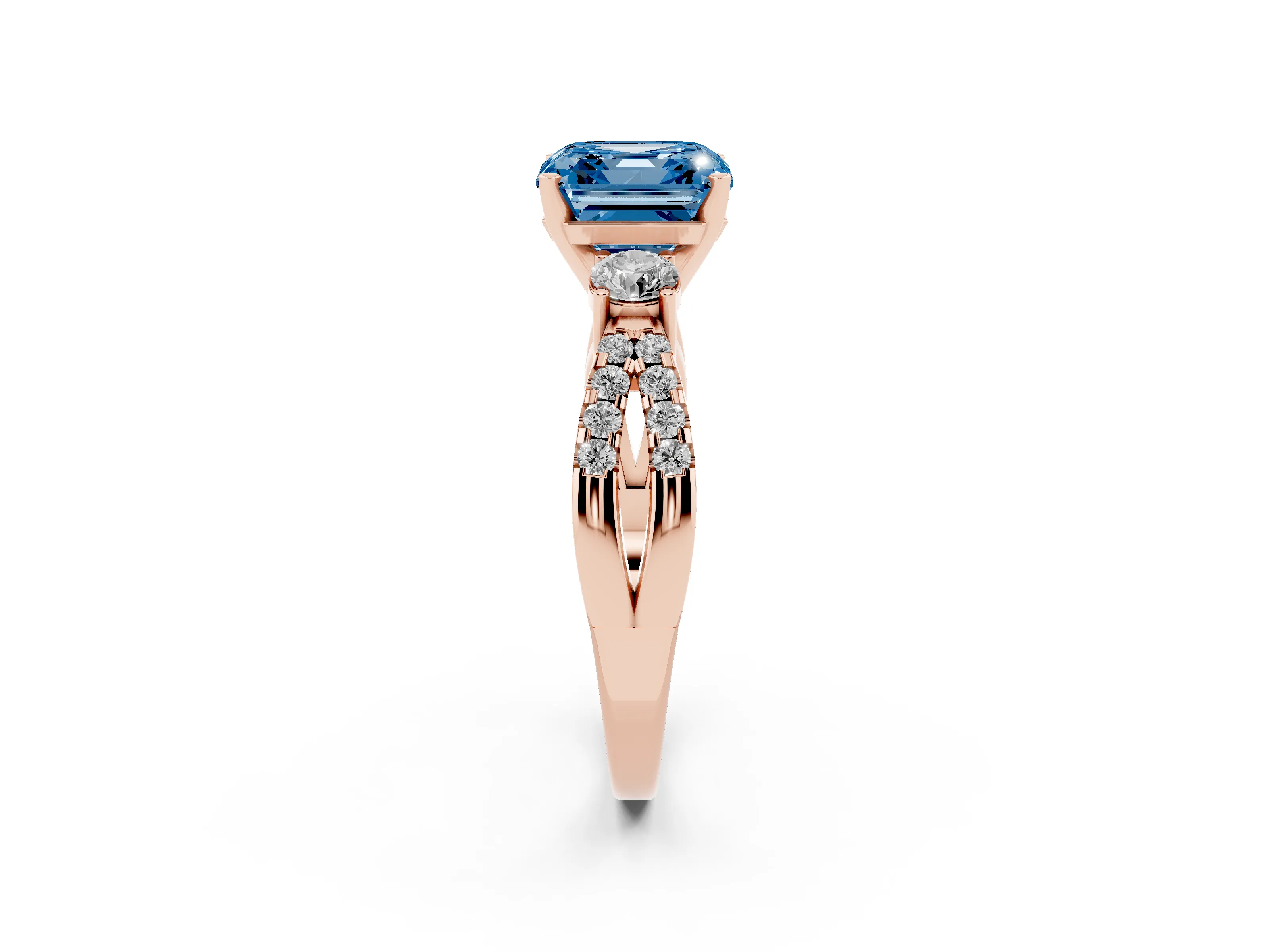 Fancy Blue Asscher Cut Diamond Three-Stone Ring Set in Rose gold with Pavé Split Shank and Prong Setting