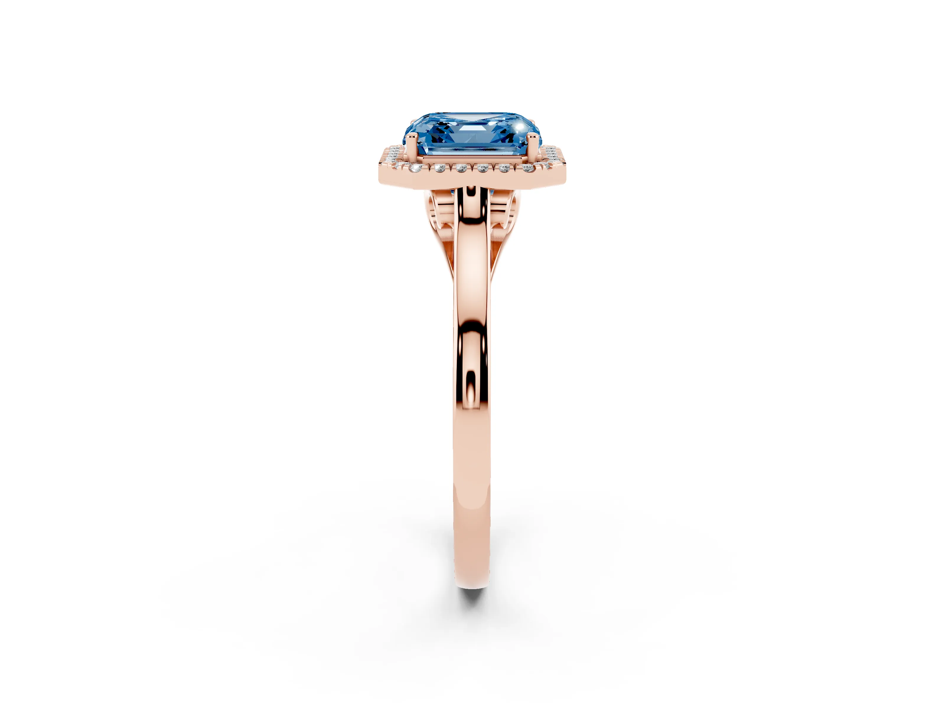 Fancy Blue Asscher Cut Halo Round Diamond Solitaire Ring Set in Rose gold with Pavé Band and Prong Setting