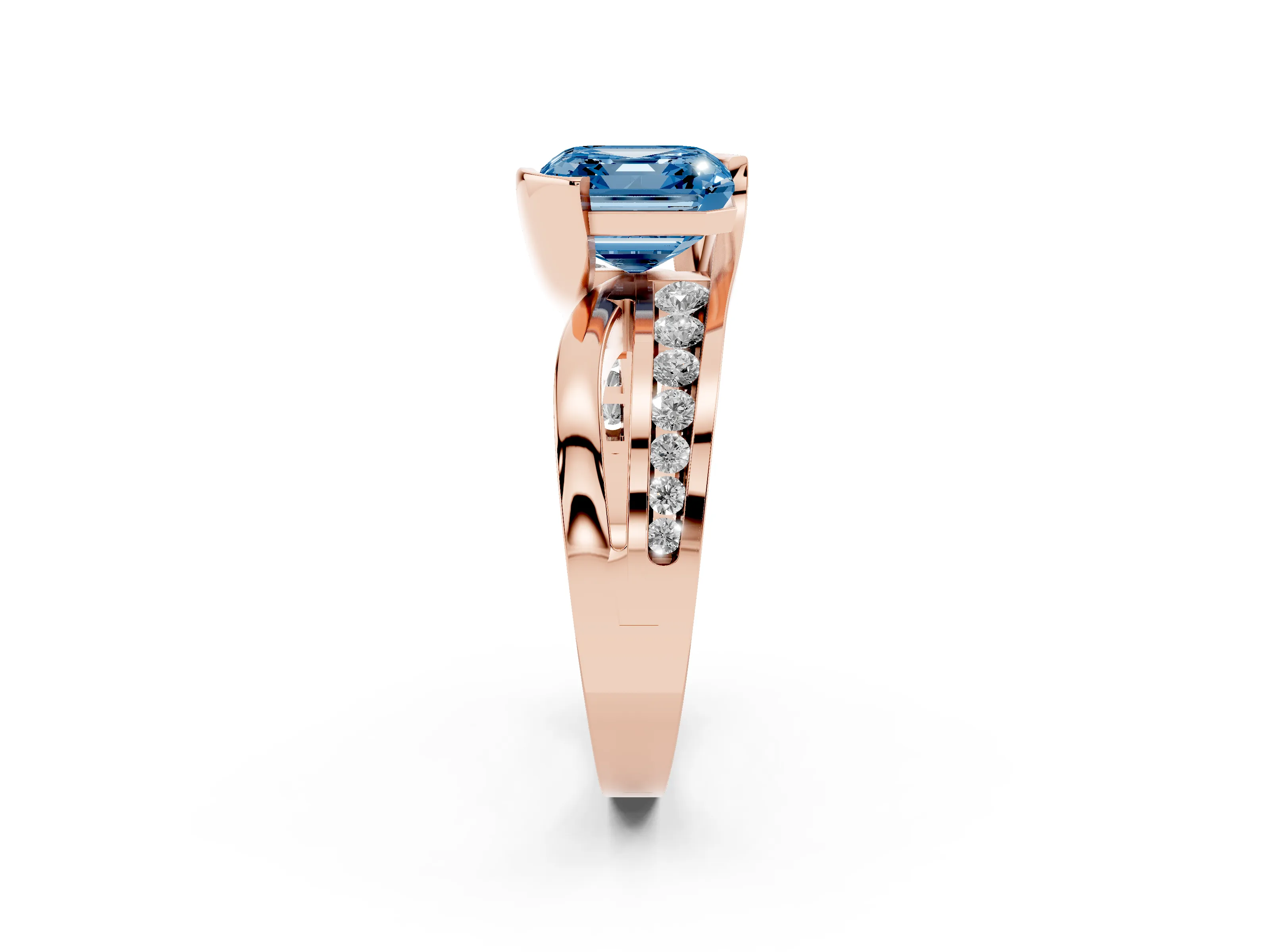 Fancy Blue Asscher Cut Diamond Solitaire Ring Set in Rose gold with Channel Set Split Shank and Tension Prongs