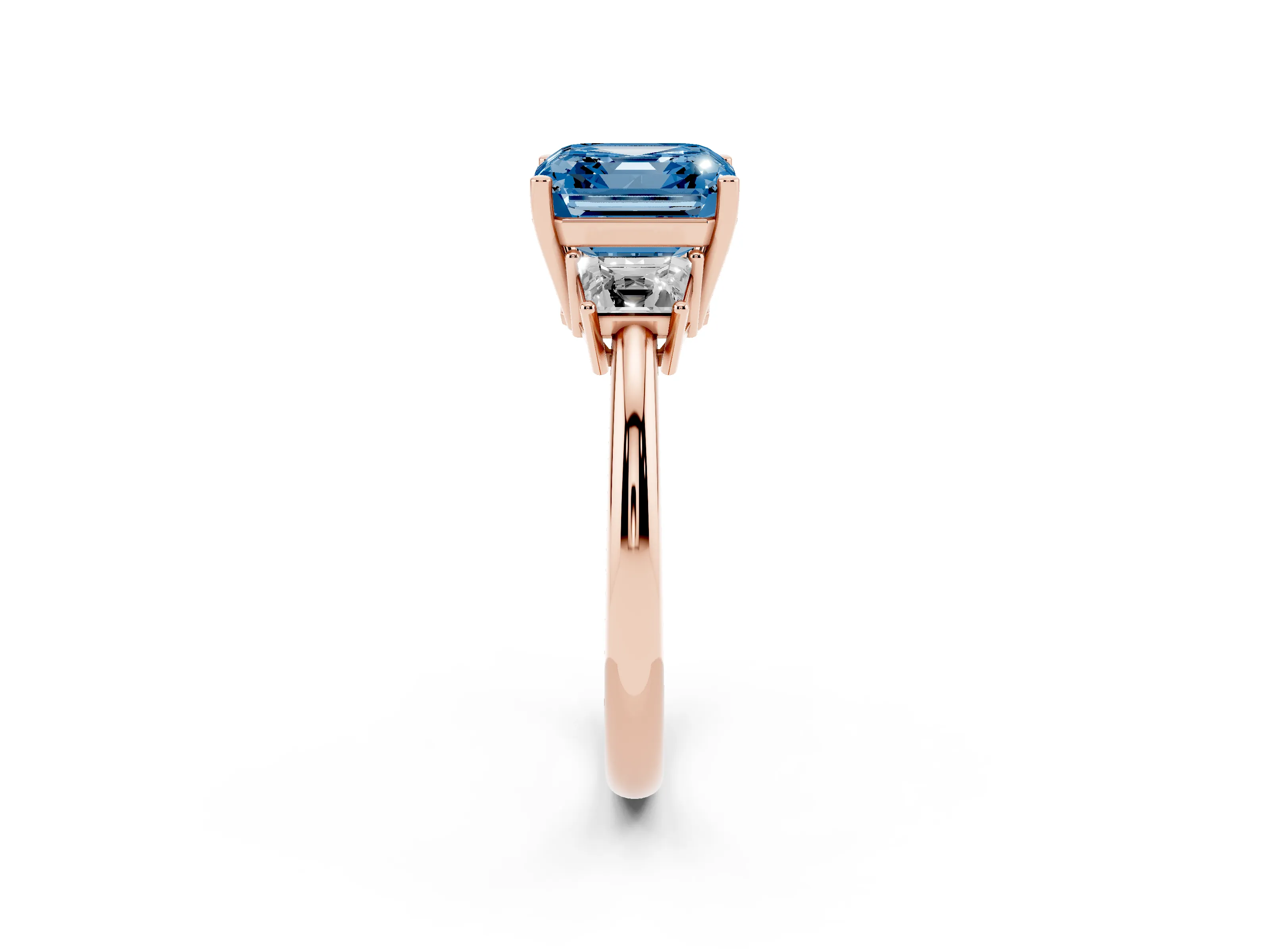 Fancy Blue Asscher Cut Diamond Three-Stone Ring Set in Rose gold with Trapezoid Side Stones and Prong Setting