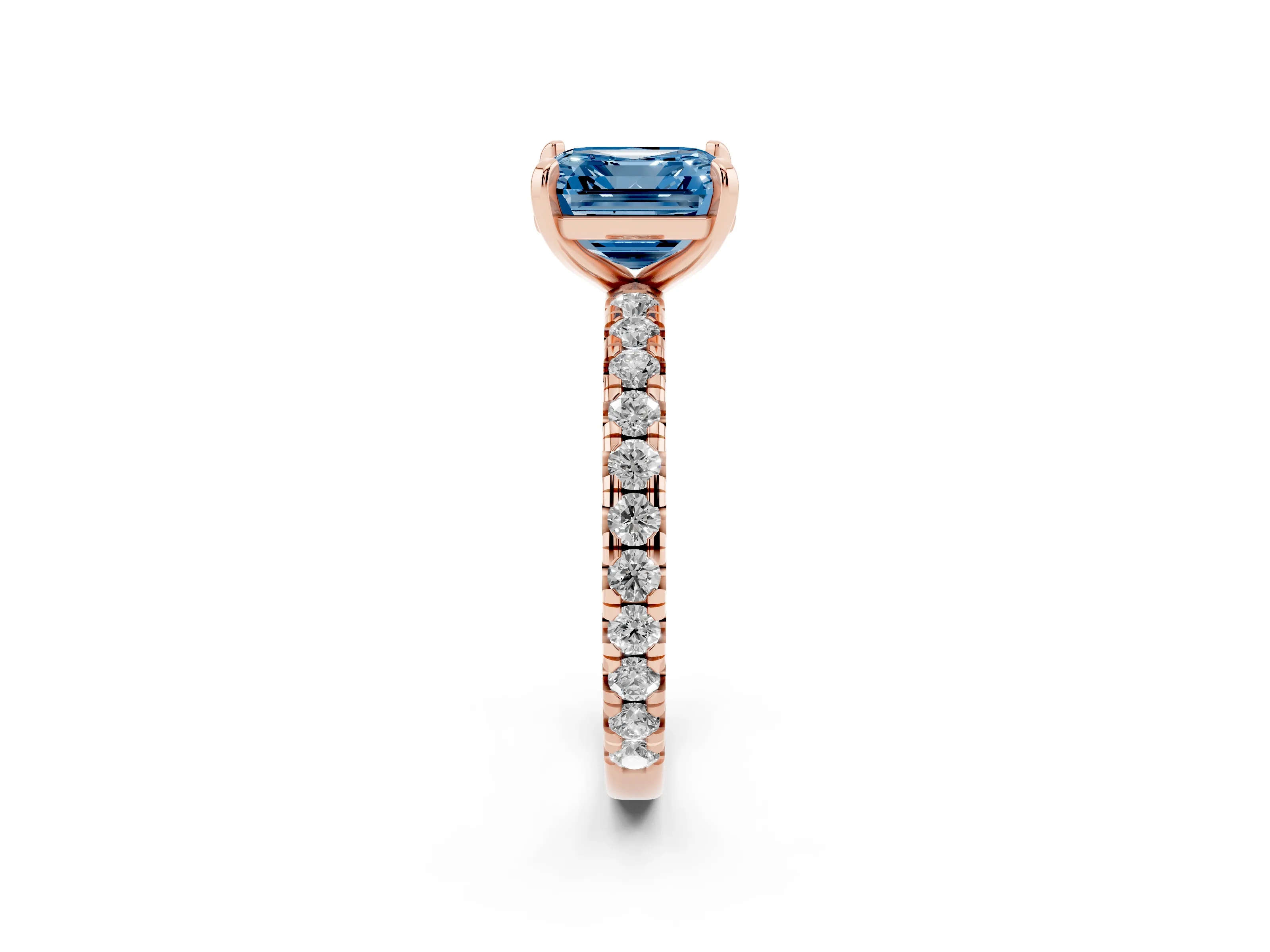 Fancy Blue Asscher Cut Diamond Pavé Solitaire Ring Set in Rose gold with Round Band and Prong Setting