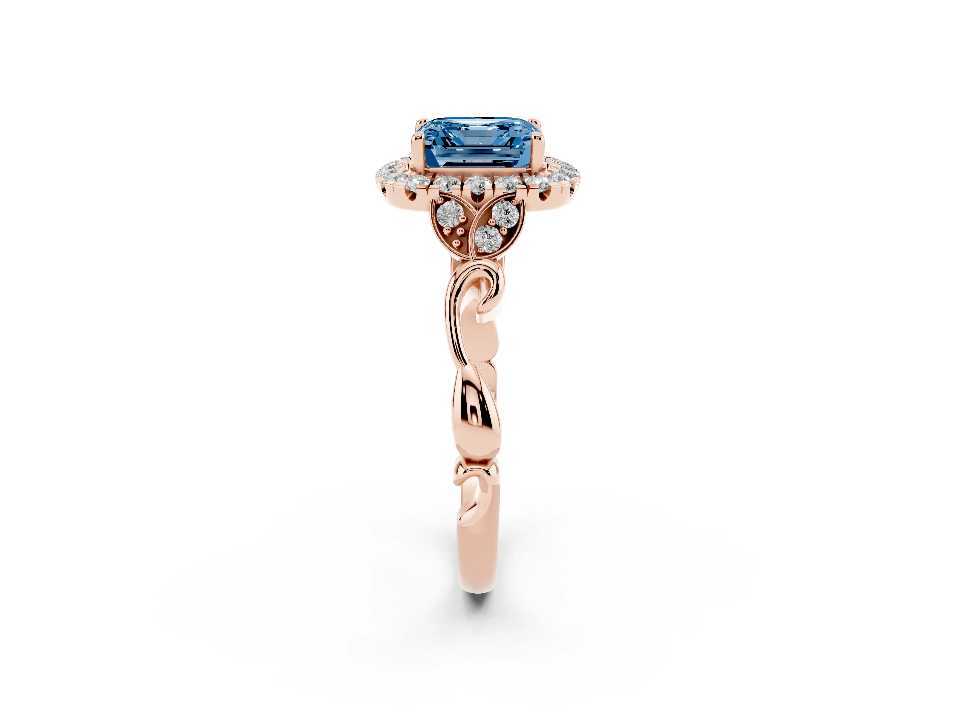 Fancy Blue Asscher Cut Diamond Halo Engagement Ring Set in Rose gold with Vintage-Inspired Band and Prong Setting