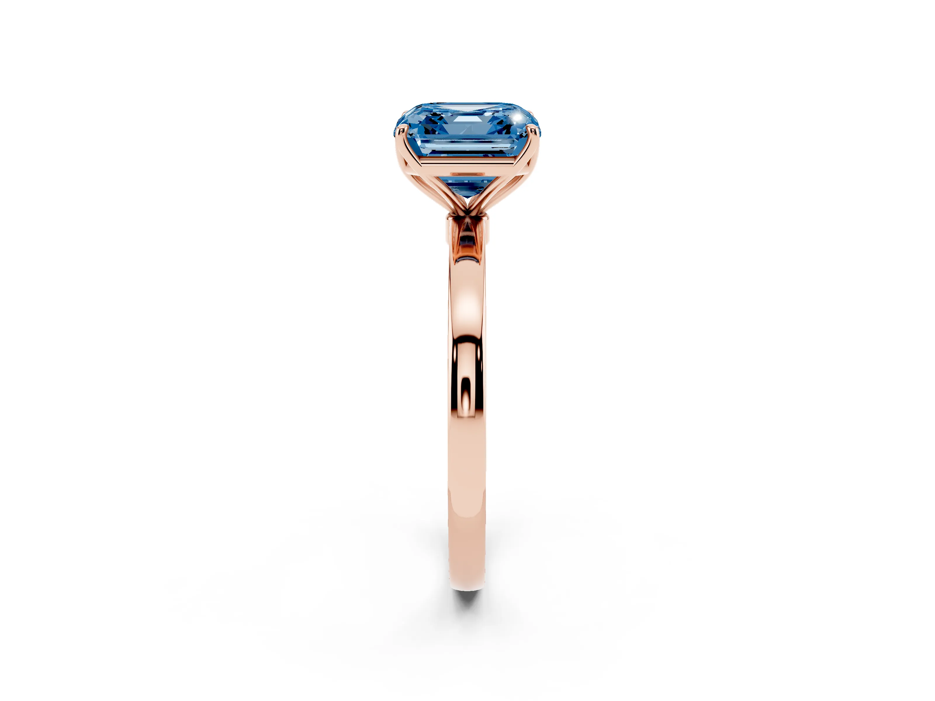 Fancy Blue Asscher Cut Diamond Solitaire Ring Set in Rose gold with Prong Setting and Thin Polished Band