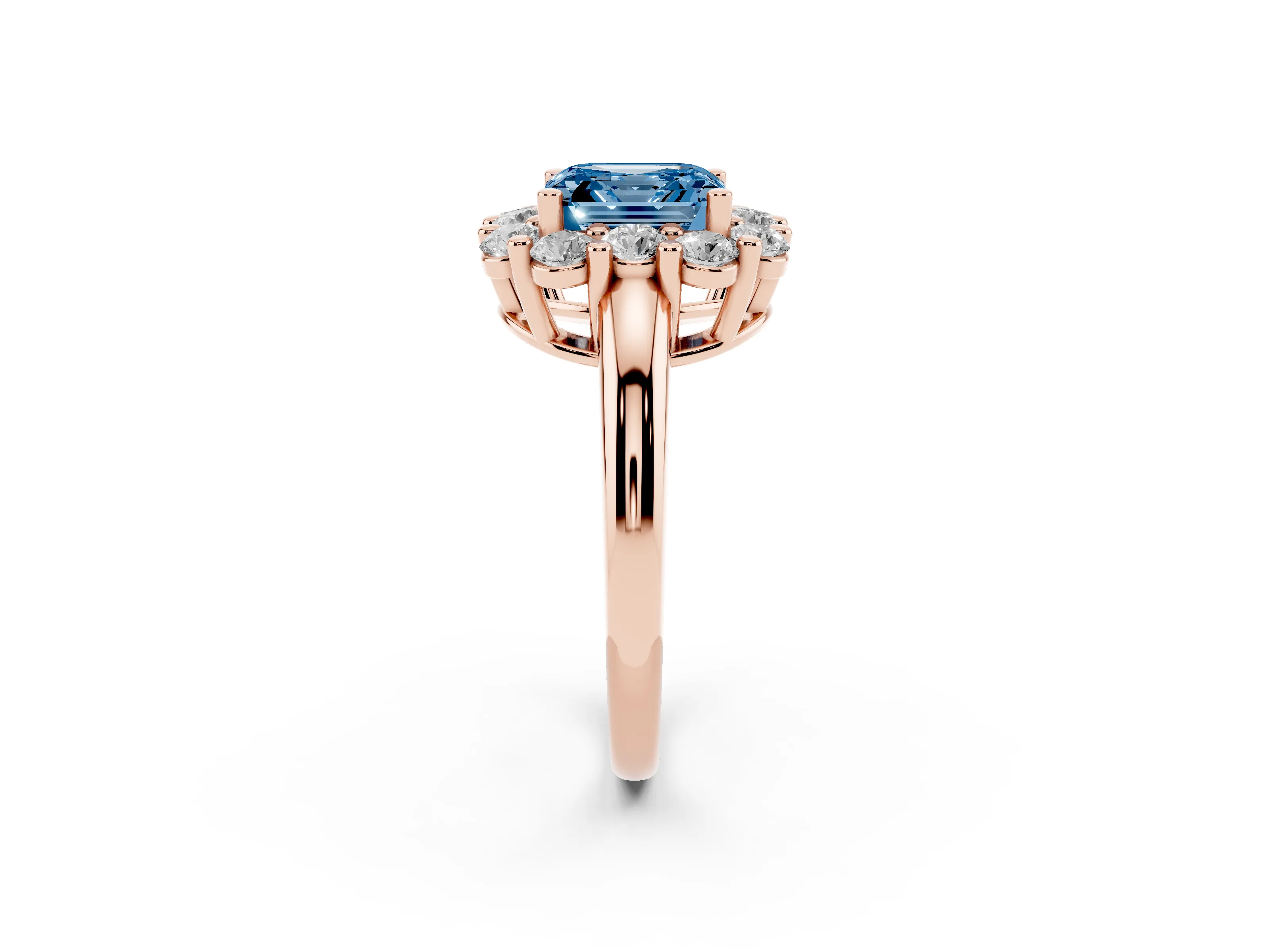 Fancy Blue Asscher Cut Diamond Halo Cluster Engagement Ring Set in Rose gold with Polished Band and Prong Setting