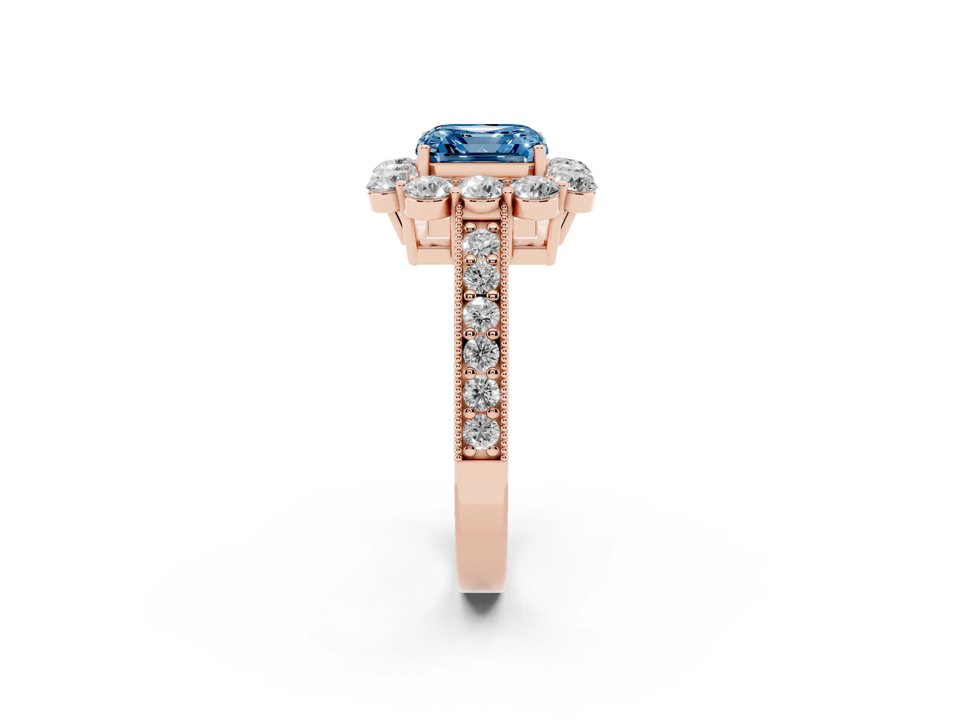 Fancy Blue Asscher Cut Diamond Halo Pavé Engagement Ring Set in Rose gold with Milgrain Detailing