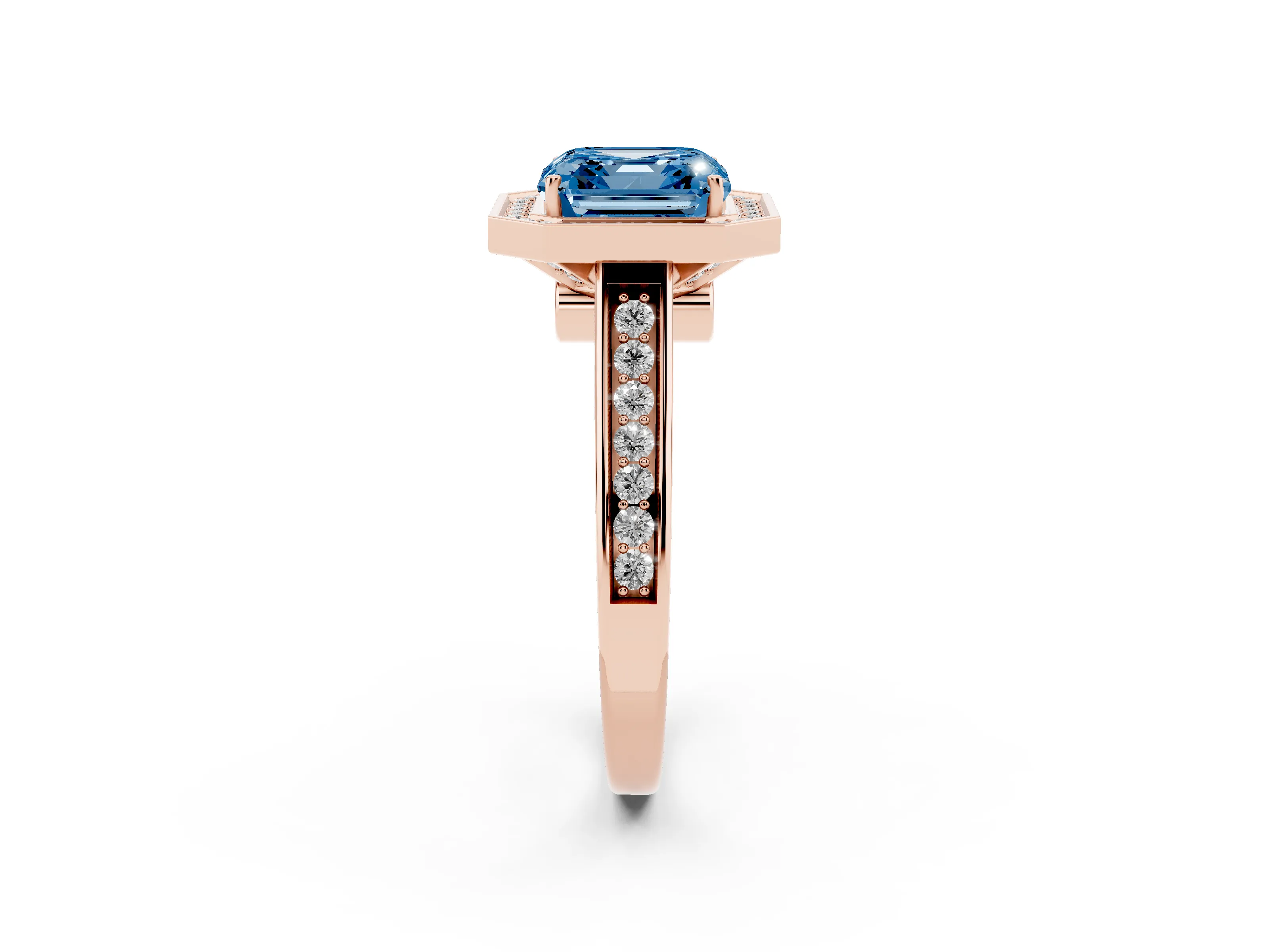 Fancy Blue Asscher Cut Diamond Halo Solitaire Ring Set in Rose gold with Pavé Band and Bezel Setting