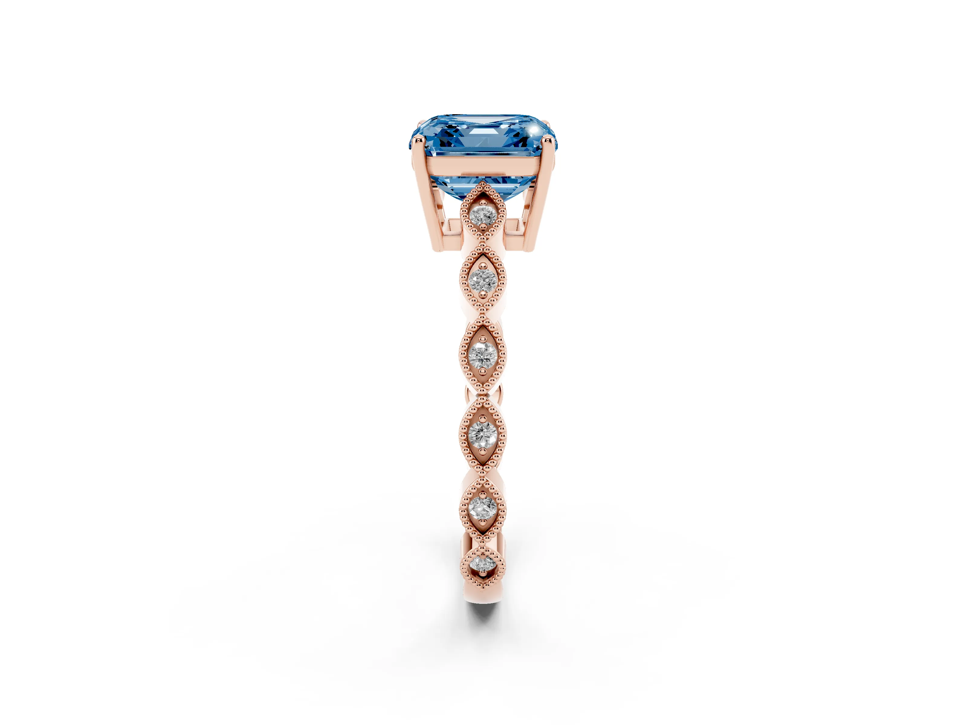 Fancy Blue Asscher Cut Diamond Solitaire Ring Set in Rose gold with Infinity Twist Pavé Band