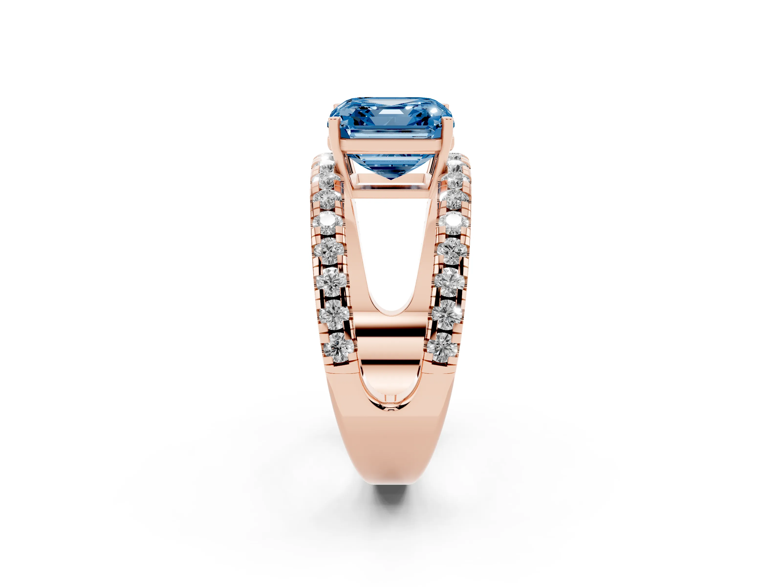 Fancy Blue Asscher Cut Diamond Split Shank Pavé Solitaire Ring Set in Rose gold with Open Shank Design
