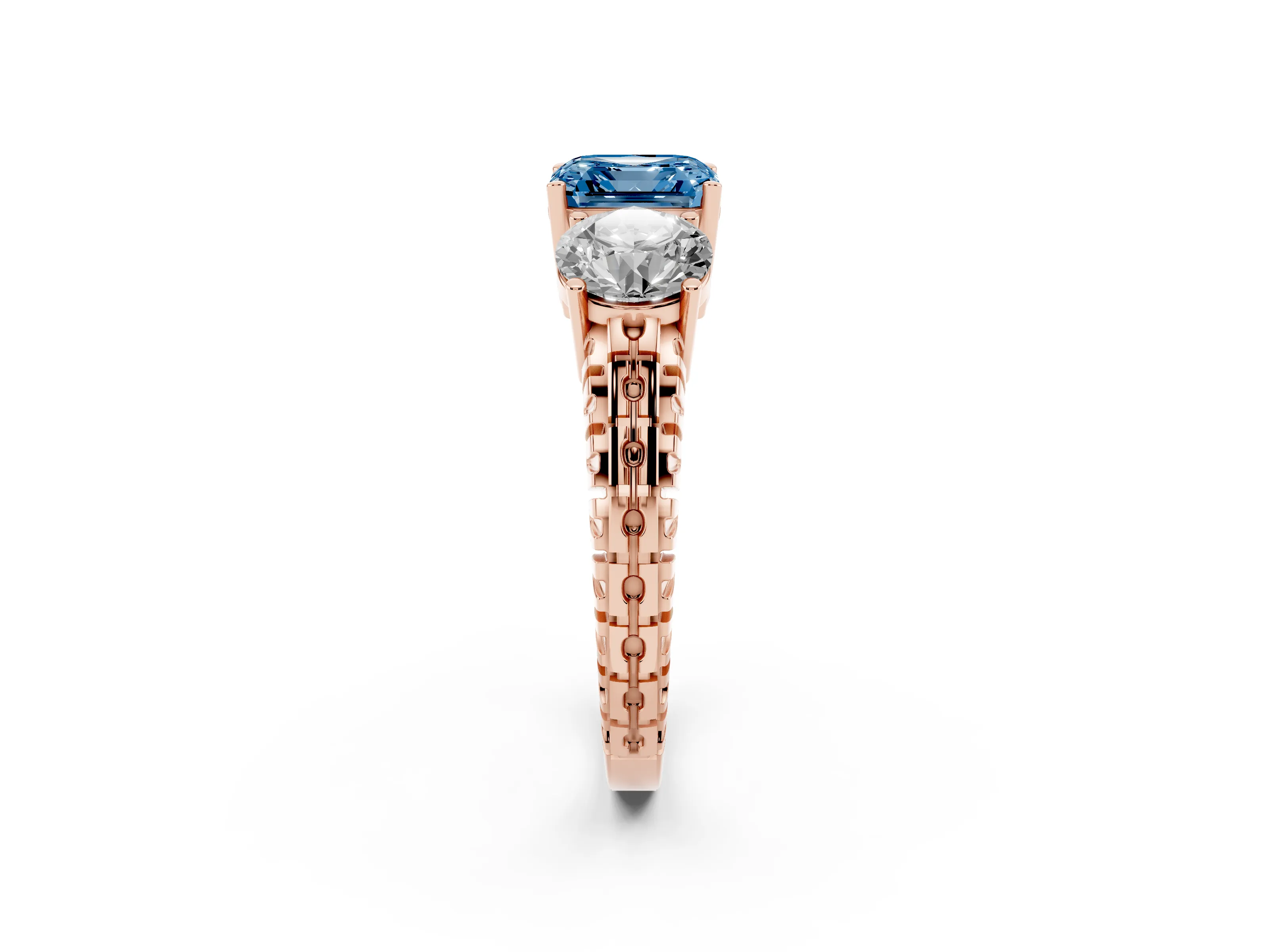 Fancy Blue Asscher Cut Diamond Three-Stone Ring Set in Rose gold with Channel-Set Accent Band