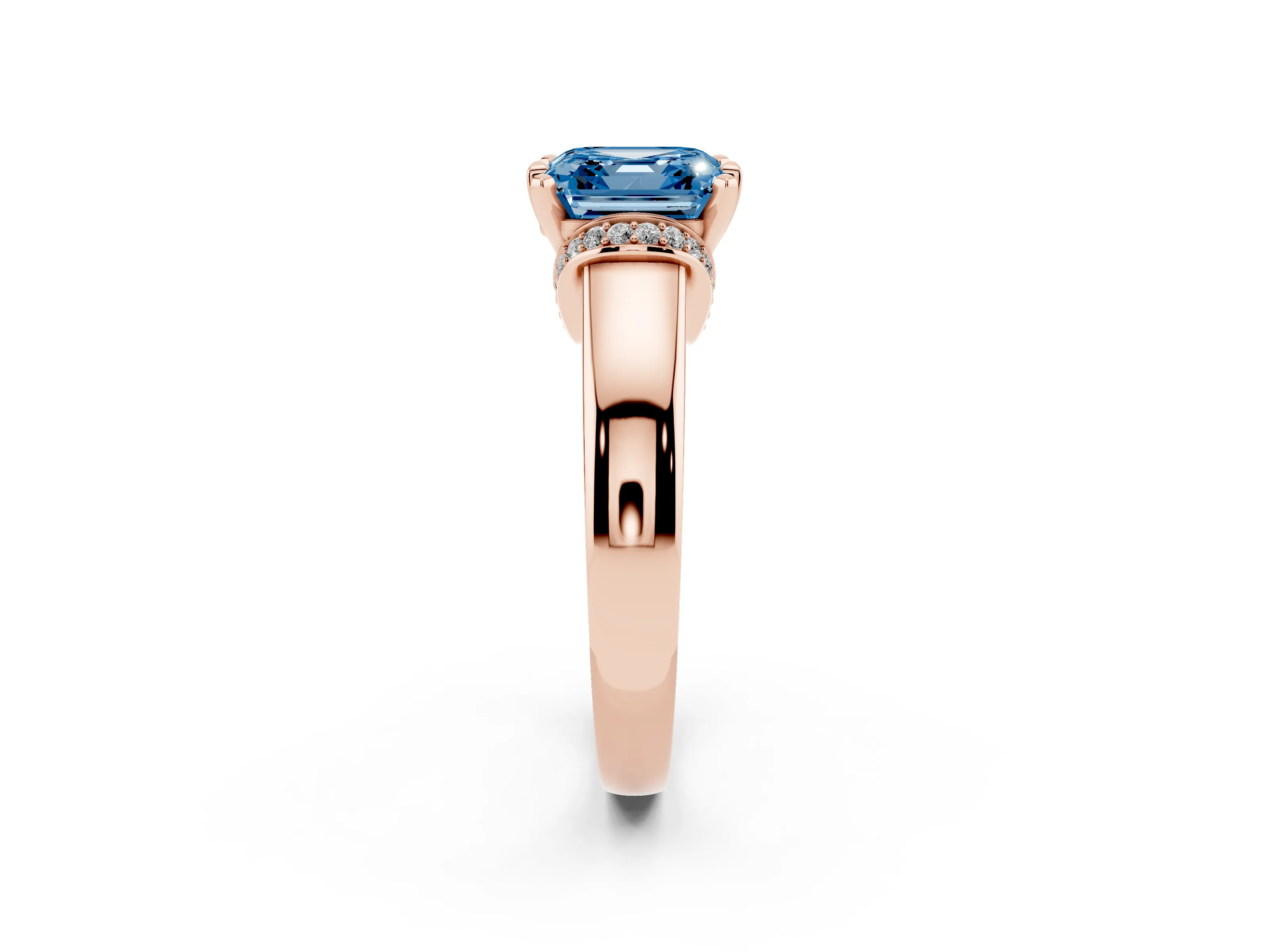 Fancy Blue Asscher Cut Diamond Pavé Band Solitaire Ring Set in Rose gold with Prong Setting