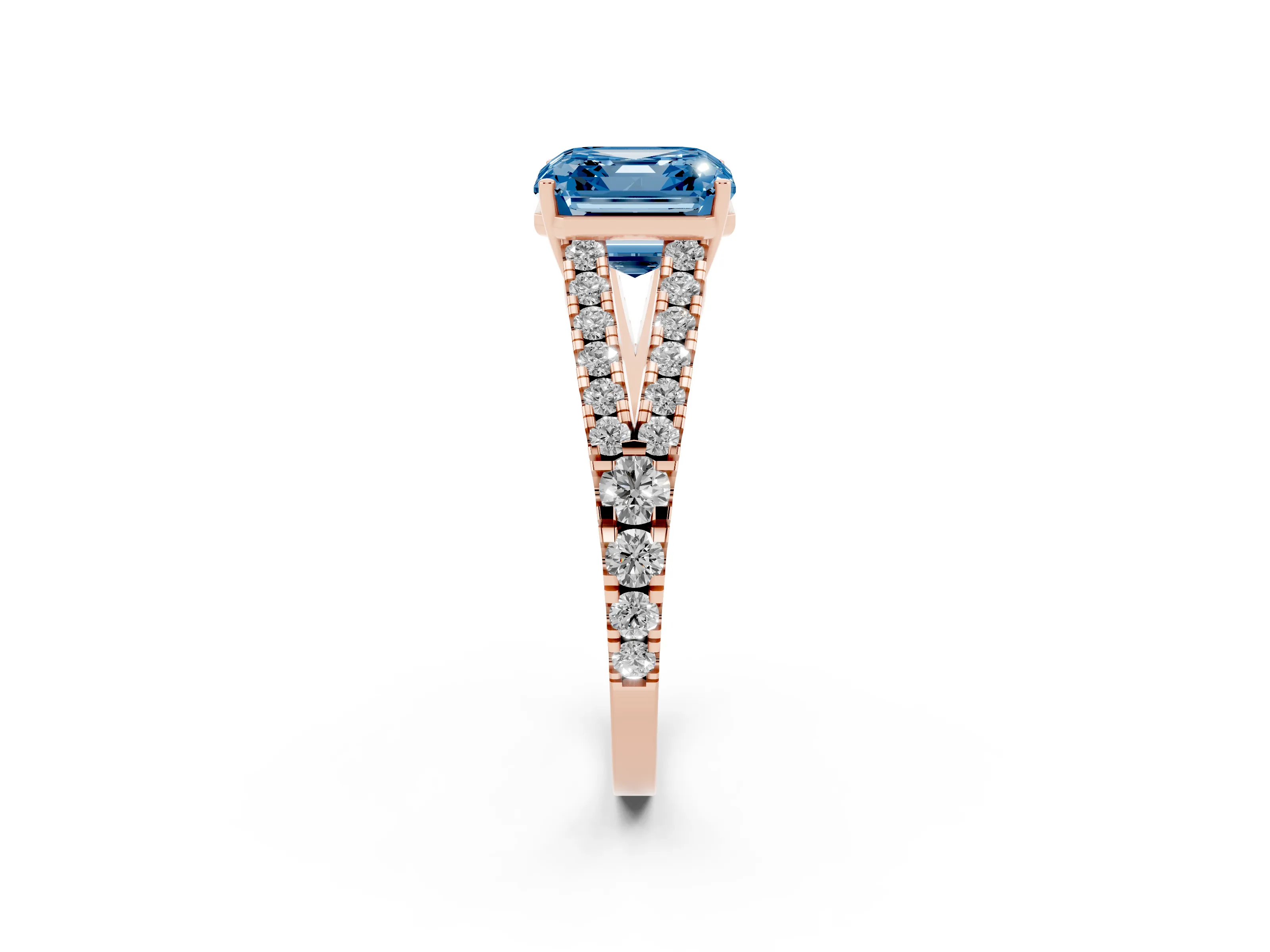Fancy Blue Asscher Cut Diamond Split Shank Pavé Engagement Ring Set in Rose gold with Prong-Held Center Stone