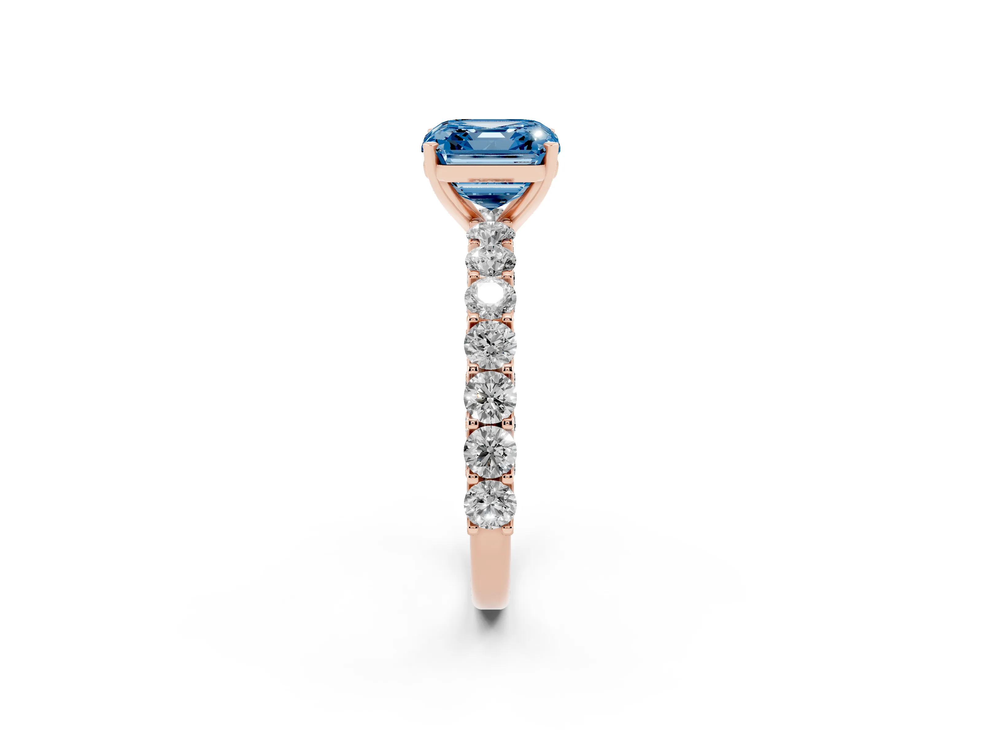 Fancy Blue Asscher Cut Diamond Solitaire Ring Set in Rose gold with Shared Prong Pavé Band