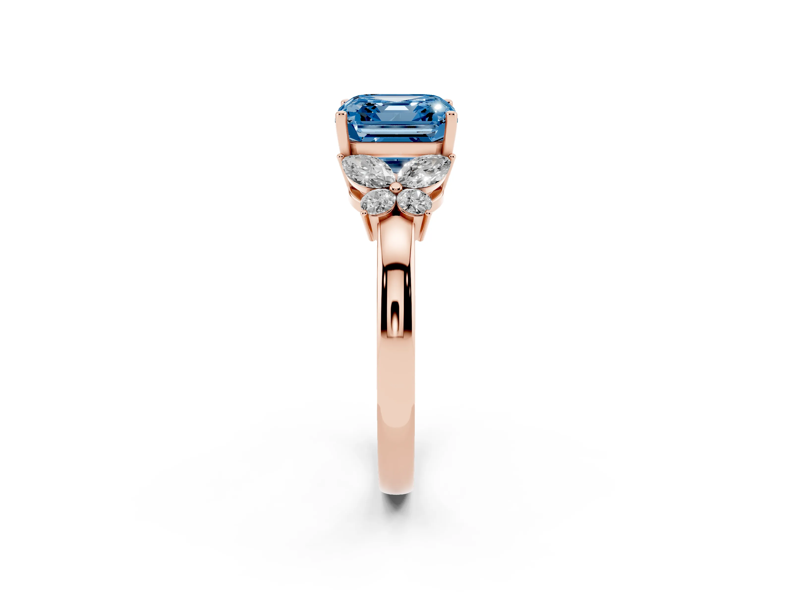 Fancy Blue Asscher Cut Diamond Solitaire Floral Ring Set in Rose gold with Marquise Petals and Prong Setting