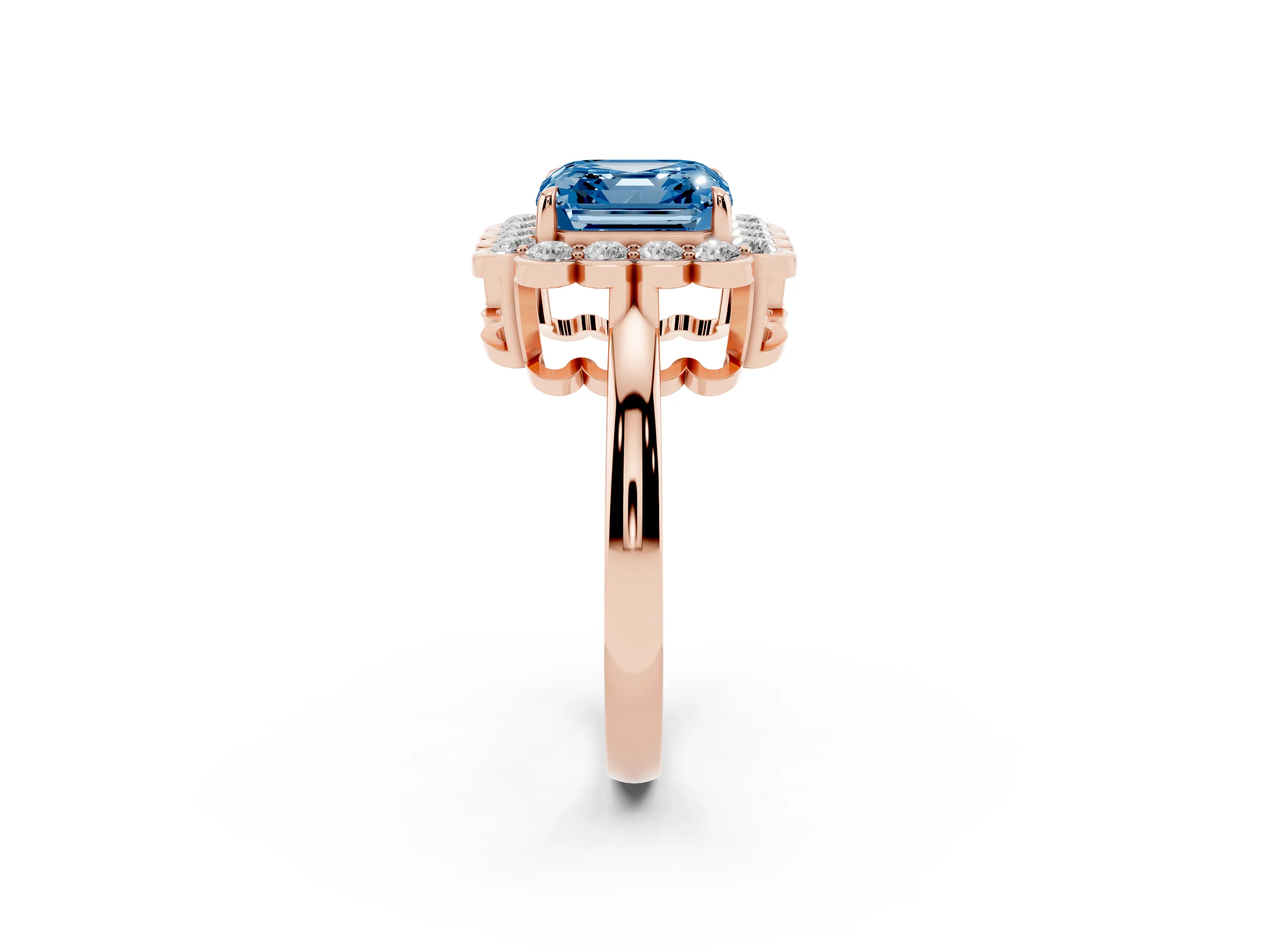 Fancy Blue Asscher Cut Diamond Halo Cluster Engagement Ring Set in Rose gold with Solitaire Band and Prong Setting