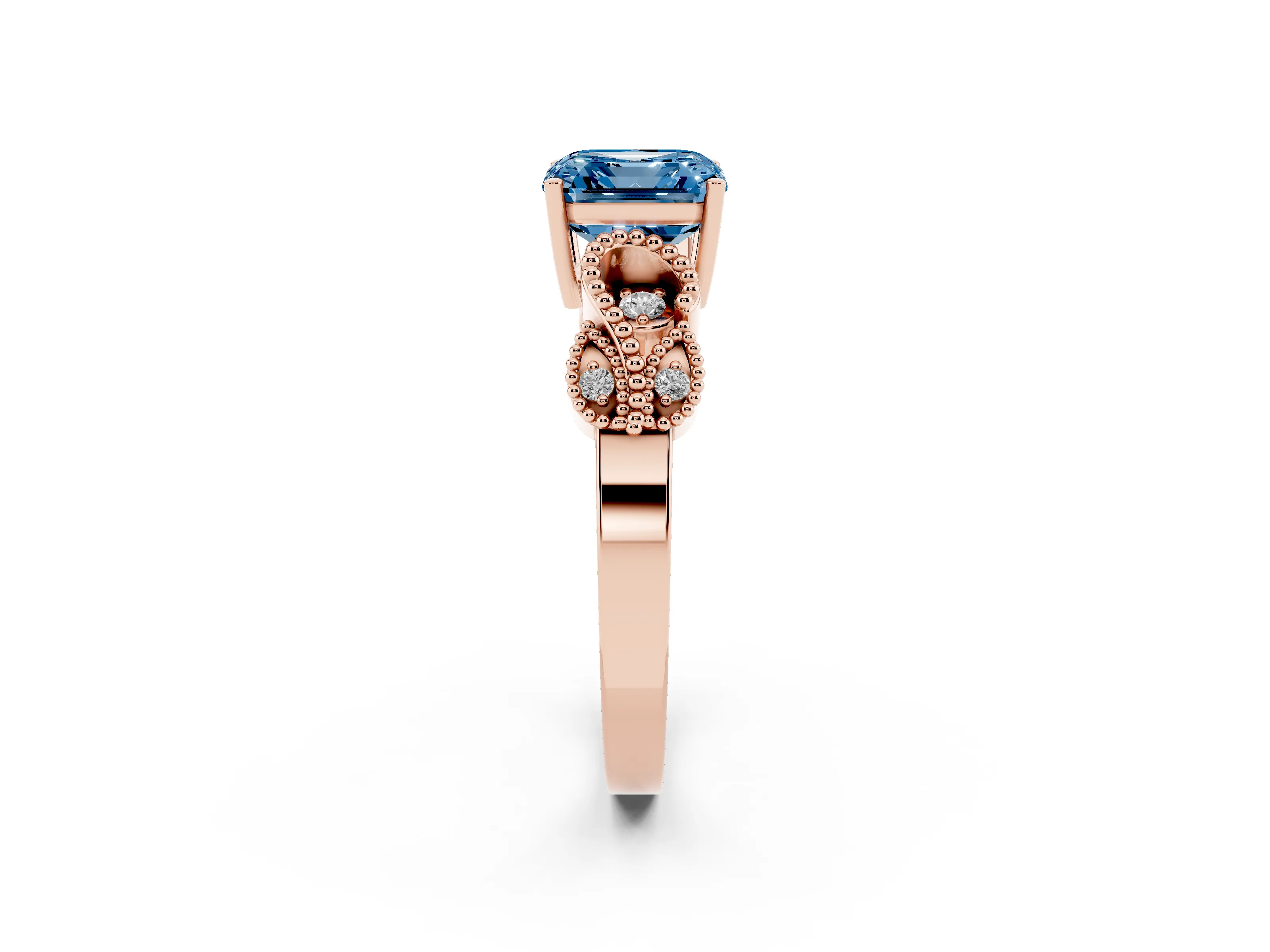Fancy Blue Asscher Cut Diamond Milgrain Leaf Band Solitaire Ring Set in Rose gold with Accent Stones and Prong Setting