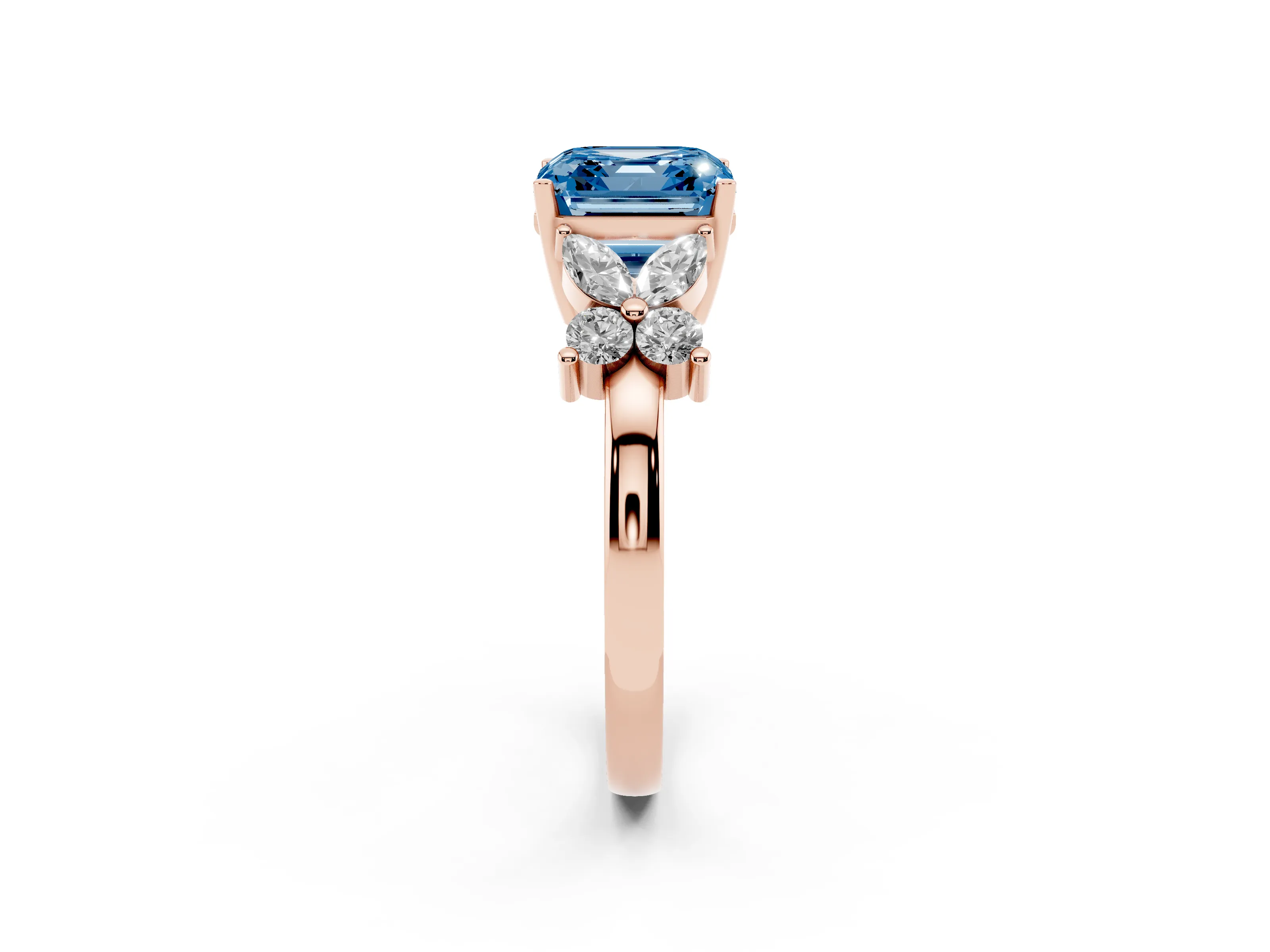 Fancy Blue Asscher Cut Diamond Floral Cluster Ring Set in Rose gold with Marquise Petals and Prong Setting