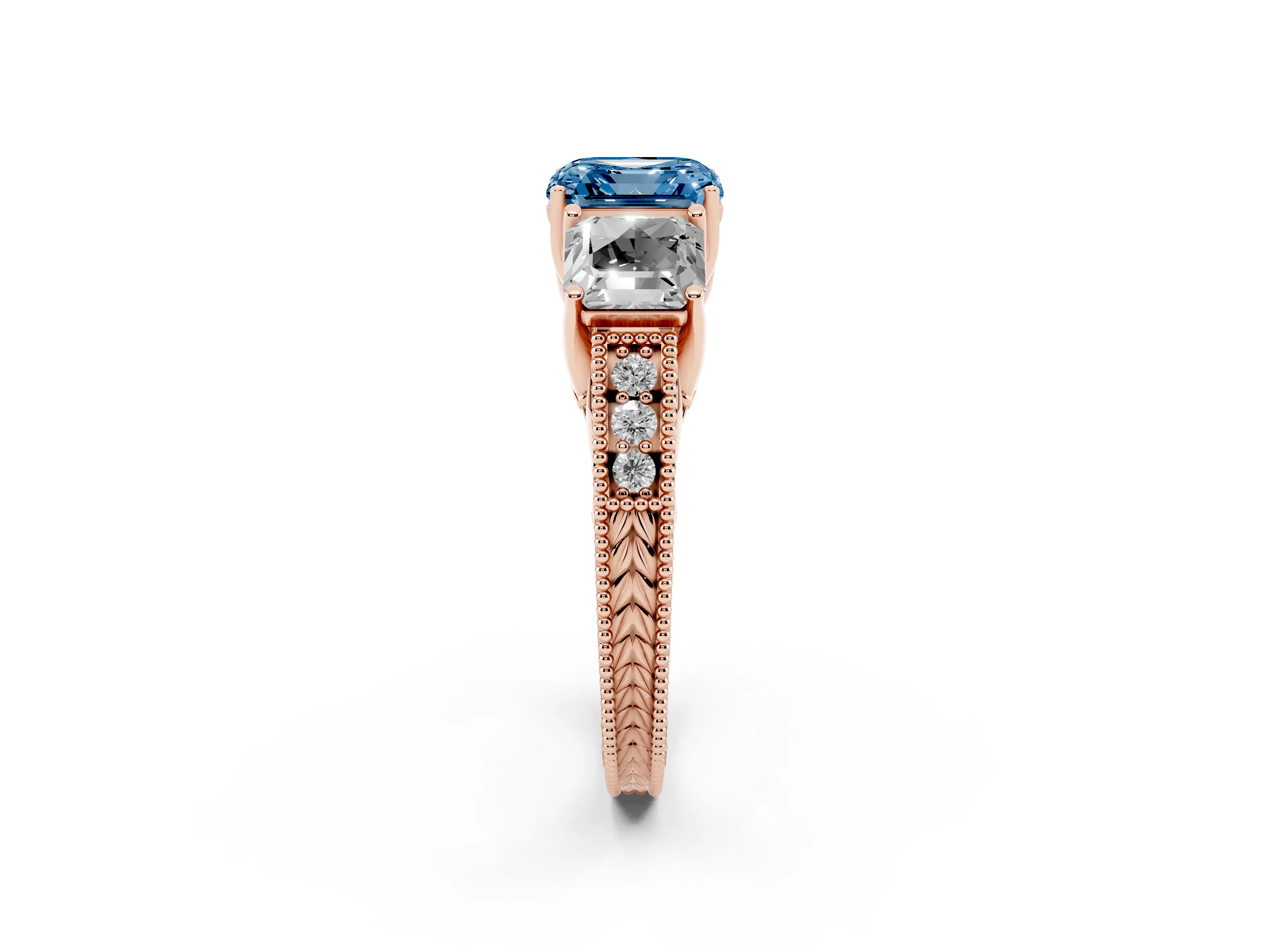 Fancy Blue Asscher Cut Diamond Three-Stone Engagement Ring Set in Rose gold with Milgrain Pavé Band