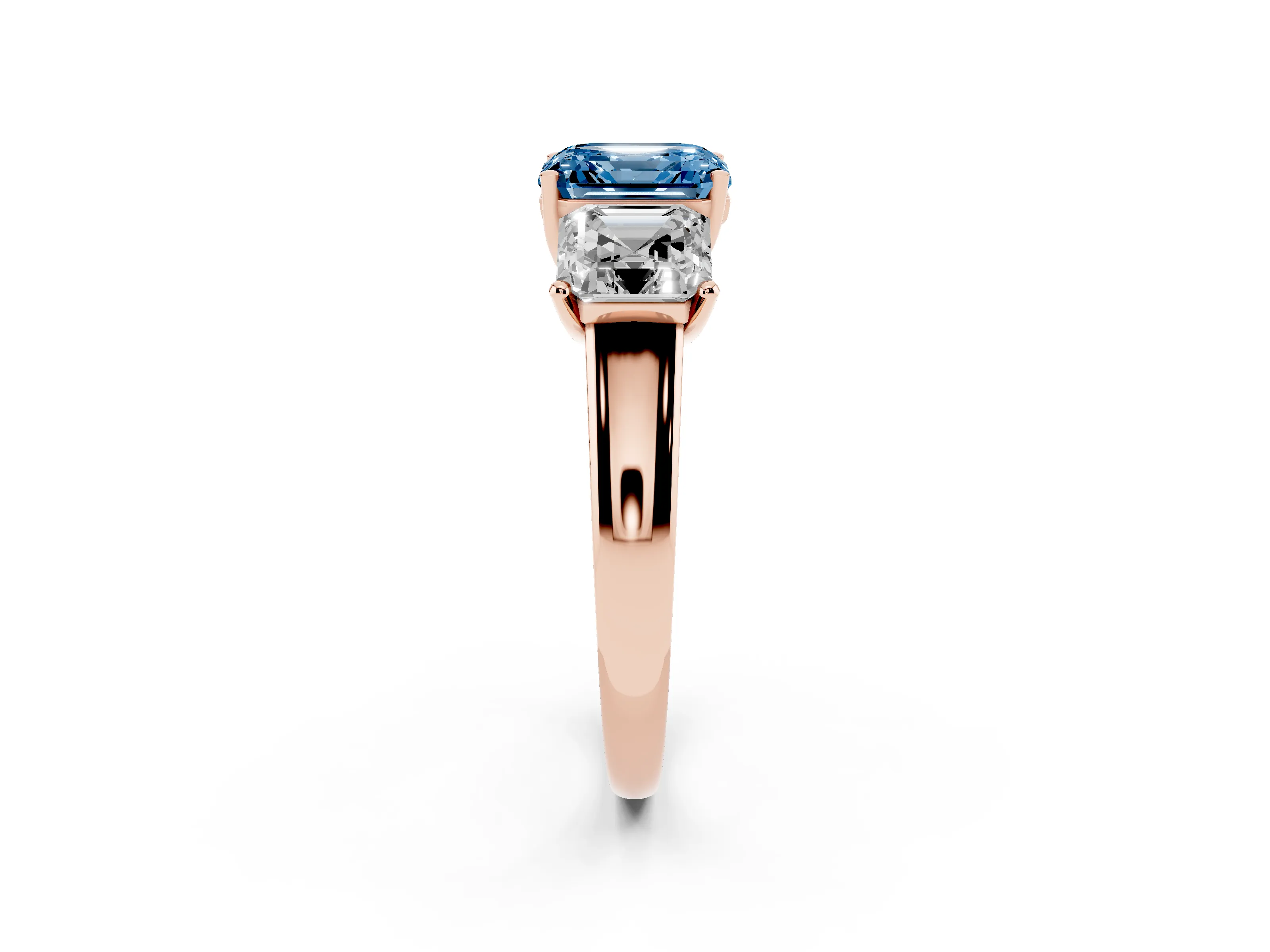 Fancy Blue Asscher Cut Diamond Three-Stone Ring Set in Rose gold with Classic Prong Setting and Plain Band