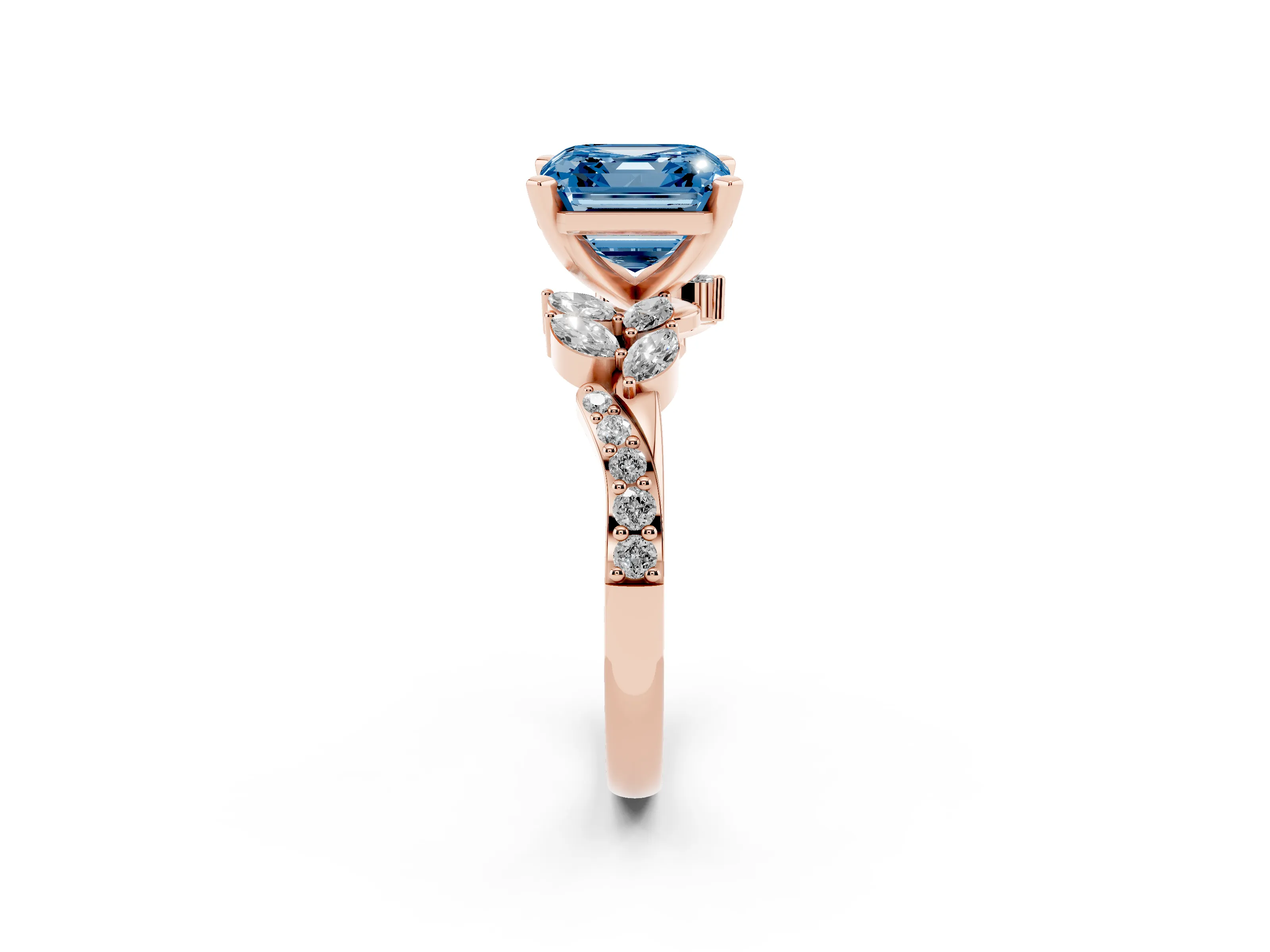 Fancy Blue Asscher Cut Diamond Solitaire Ring Set in Rose gold with Marquise Twist Band and Prong Setting
