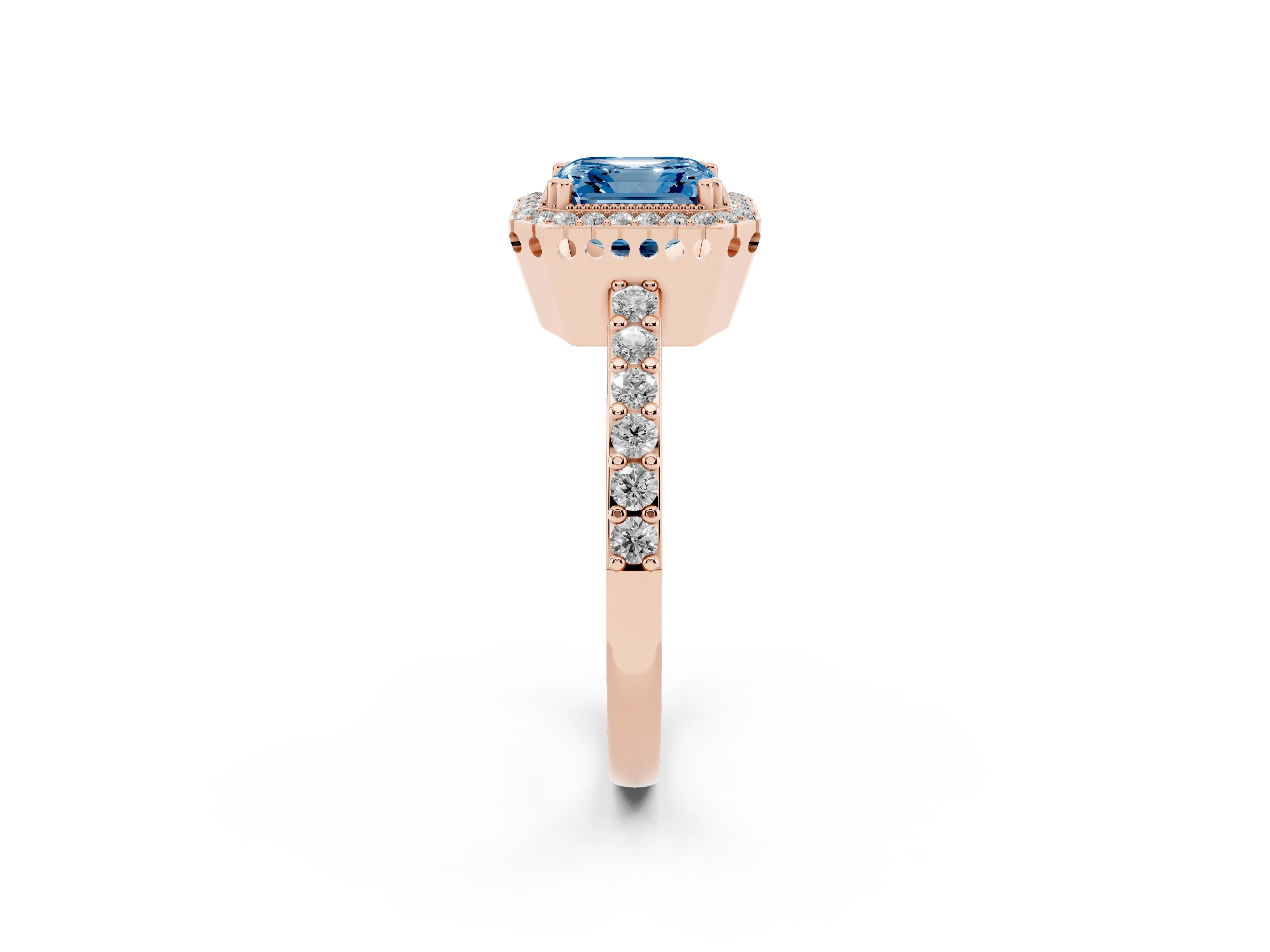Fancy Blue Asscher Cut Diamond Halo Engagement Ring Set in Rose gold with Milgrain Detail and Pavé Band