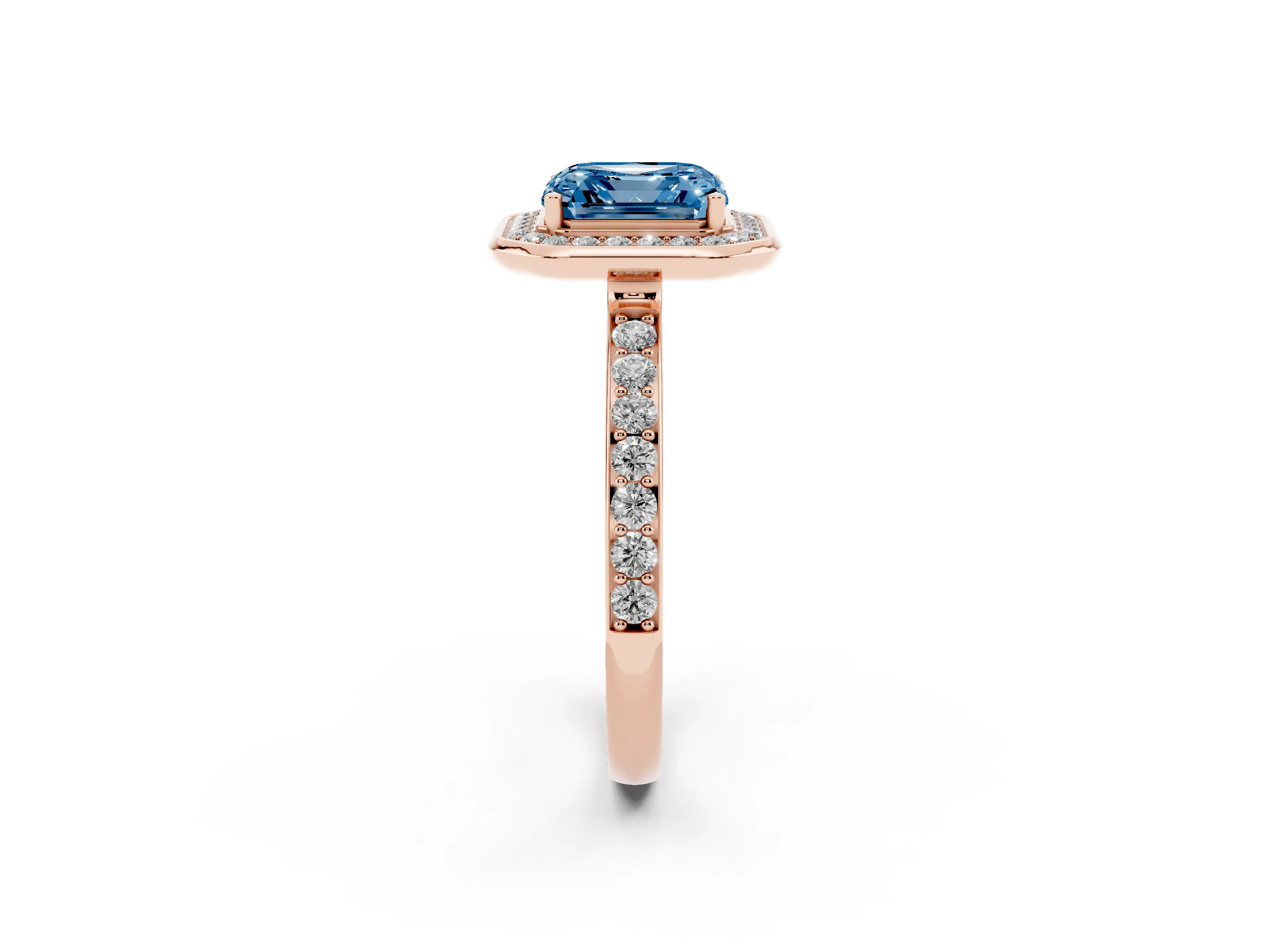 Fancy Blue Asscher Cut Diamond Halo Ring Set in Rose gold with Bezel Frame and Pavé Band