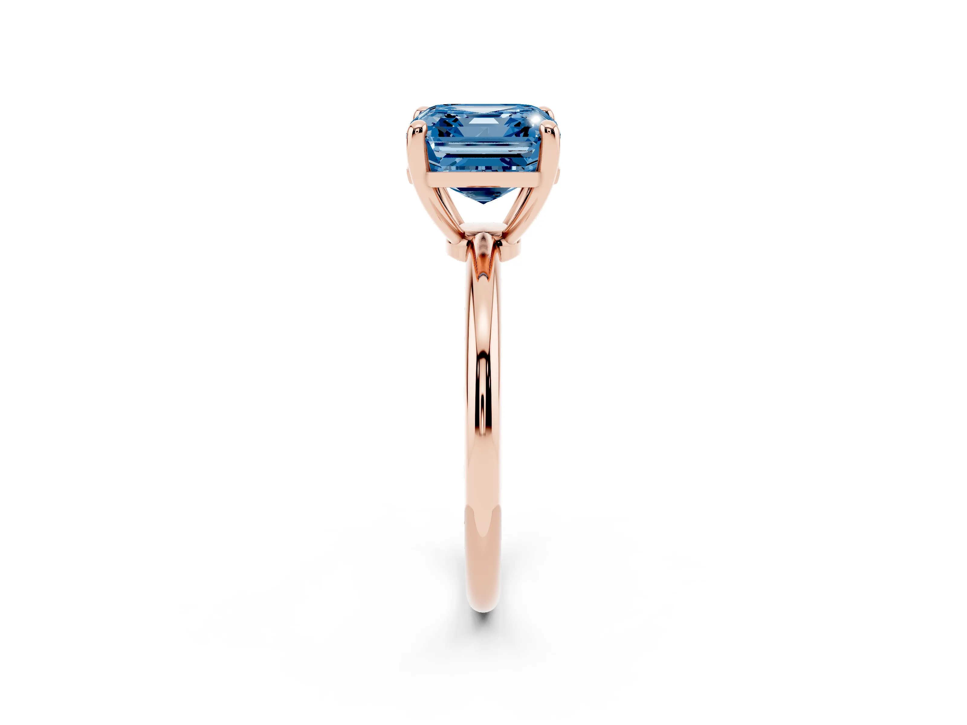 Fancy Blue Asscher Cut Diamond Solitaire Ring Set in Rose gold with Secure Prong Setting on a Classic Band