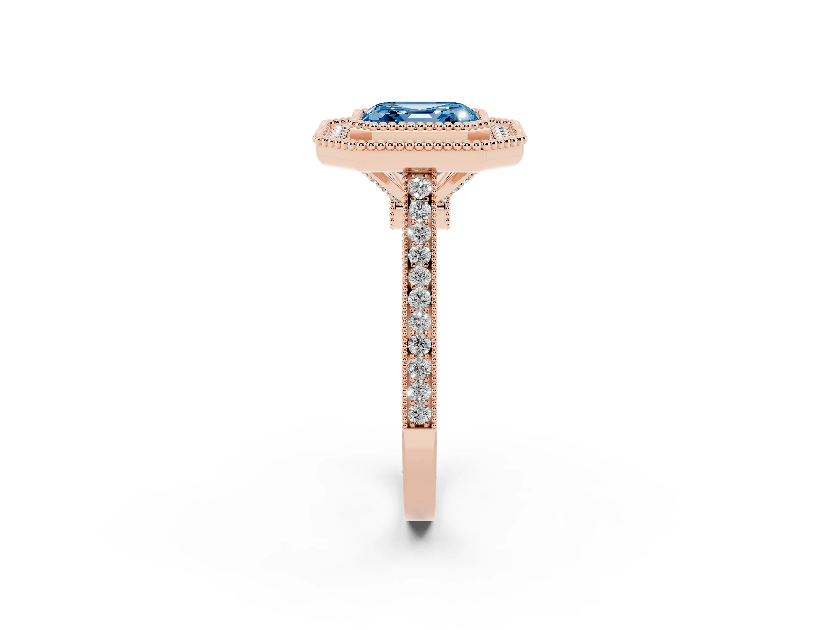 Fancy Blue Asscher Cut Diamond Halo Ring Set in Rose gold with Milgrain Frame and Pavé Band