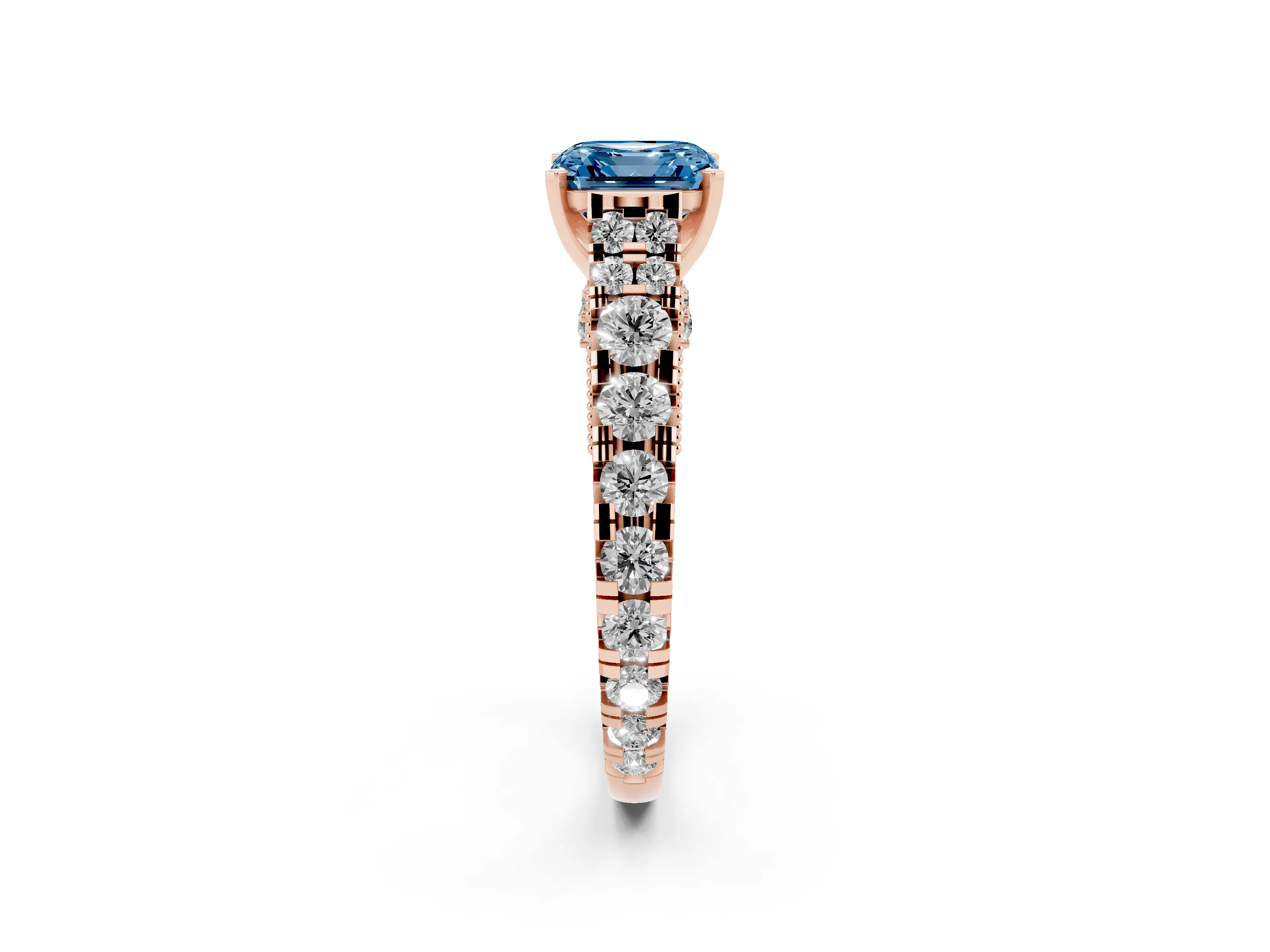 Fancy Blue Asscher Cut Diamond Classic Solitaire Ring Set in Rose gold with Pavé Band and Prong Setting