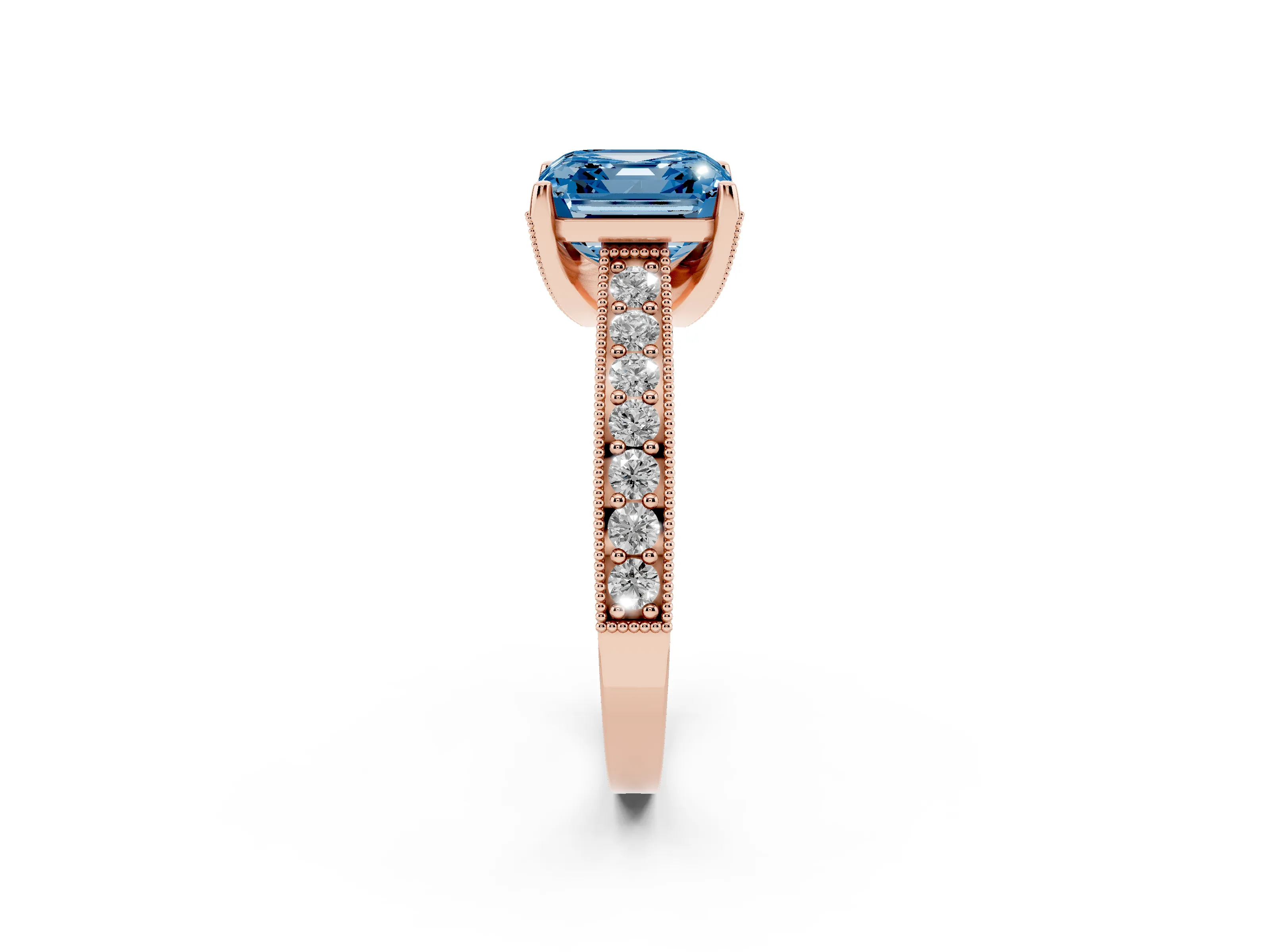 Fancy Blue Asscher Cut Diamond Solitaire Ring Set in Rose gold with Milgrain-Edged Pavé Band and Prong Setting