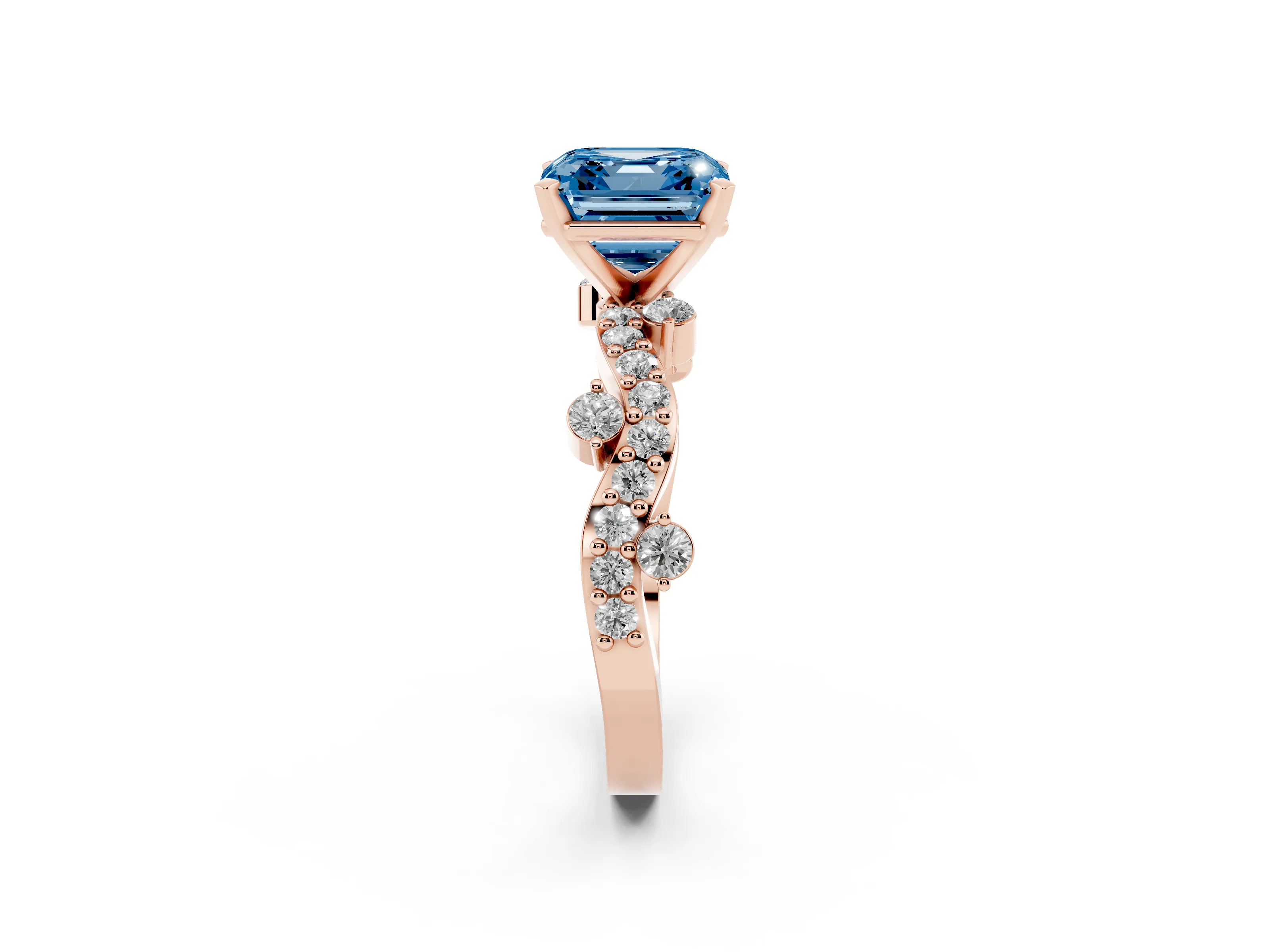 Fancy Blue Asscher Cut Diamond Solitaire Twisted Band Set in Rose gold with Pavé Setting