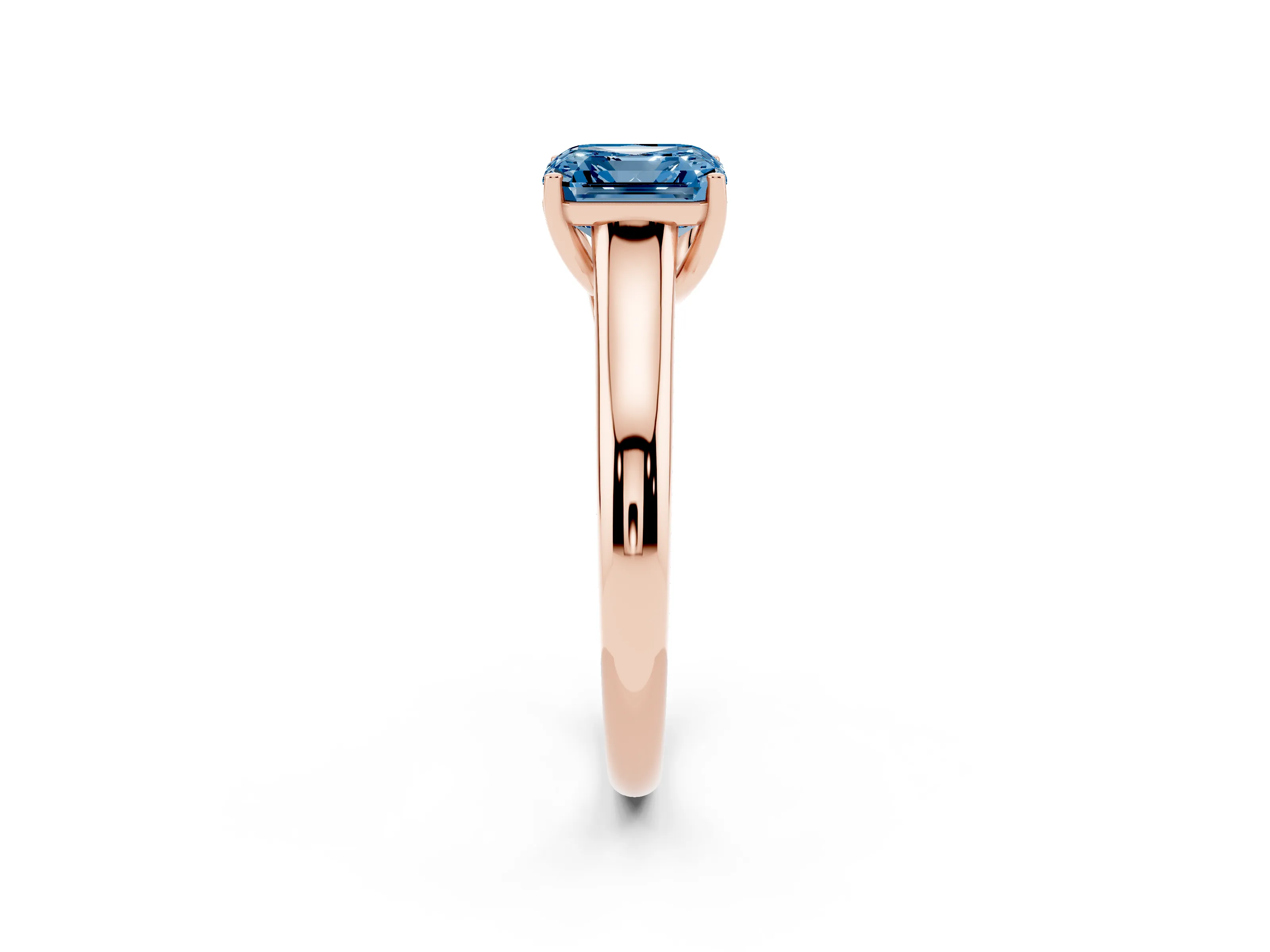 Fancy Blue Asscher Cut Diamond Solitaire Engagement Ring Set in Rose gold with Subtly Tapered Band and Prong Setting