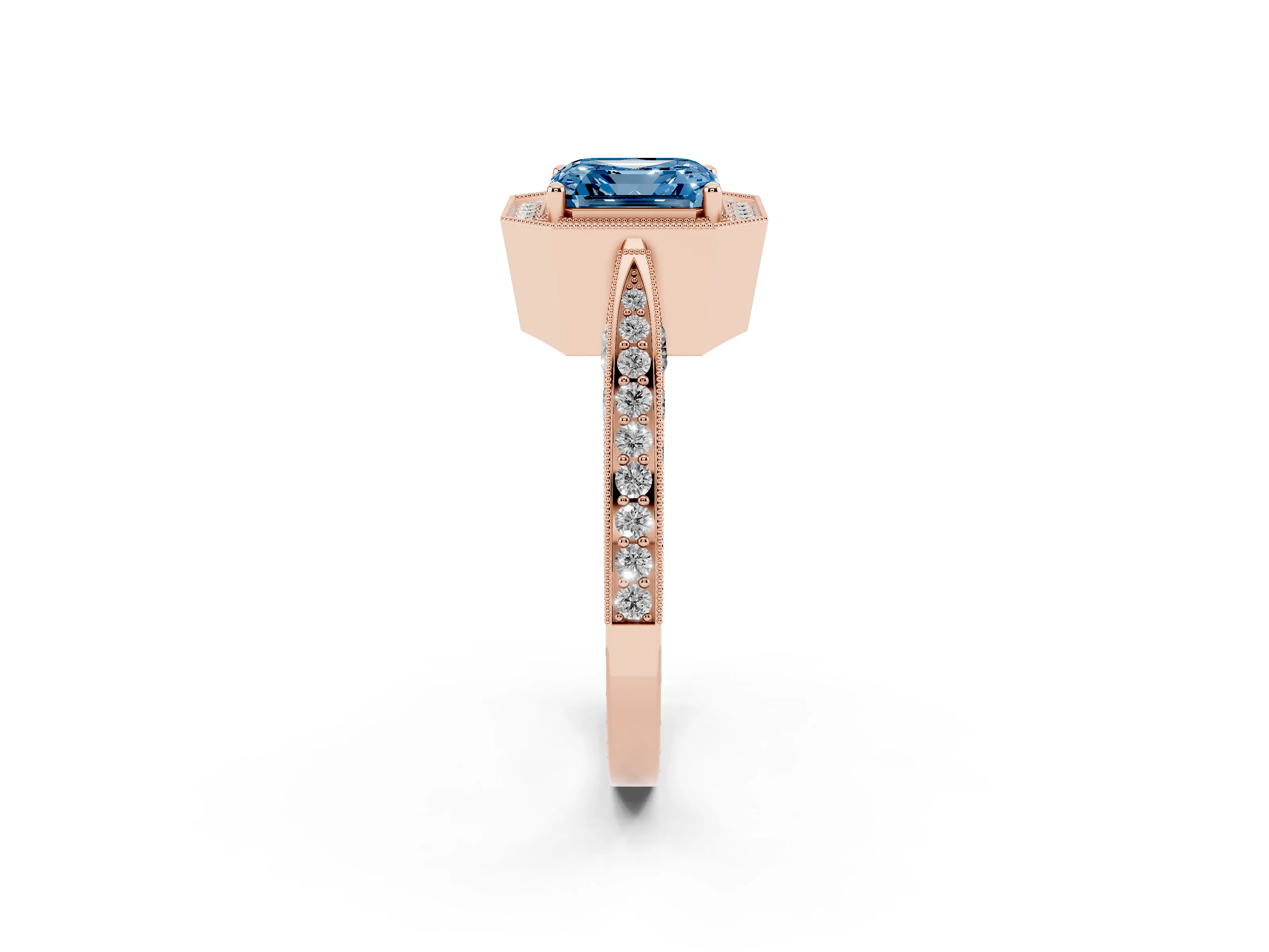 Fancy Blue Asscher Cut Diamond Halo Engagement Ring Set in Rose gold with Accent Split Shank Band