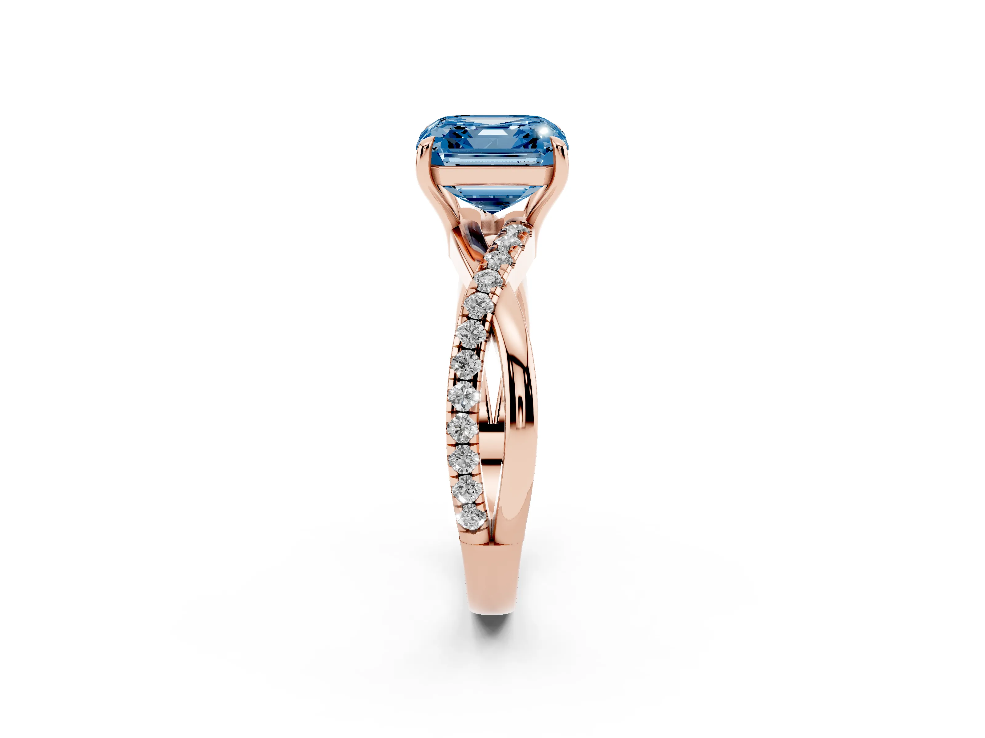 Fancy Blue Asscher Cut Diamond Twisted Pavé Band Ring Set in Rose gold with Prong Setting