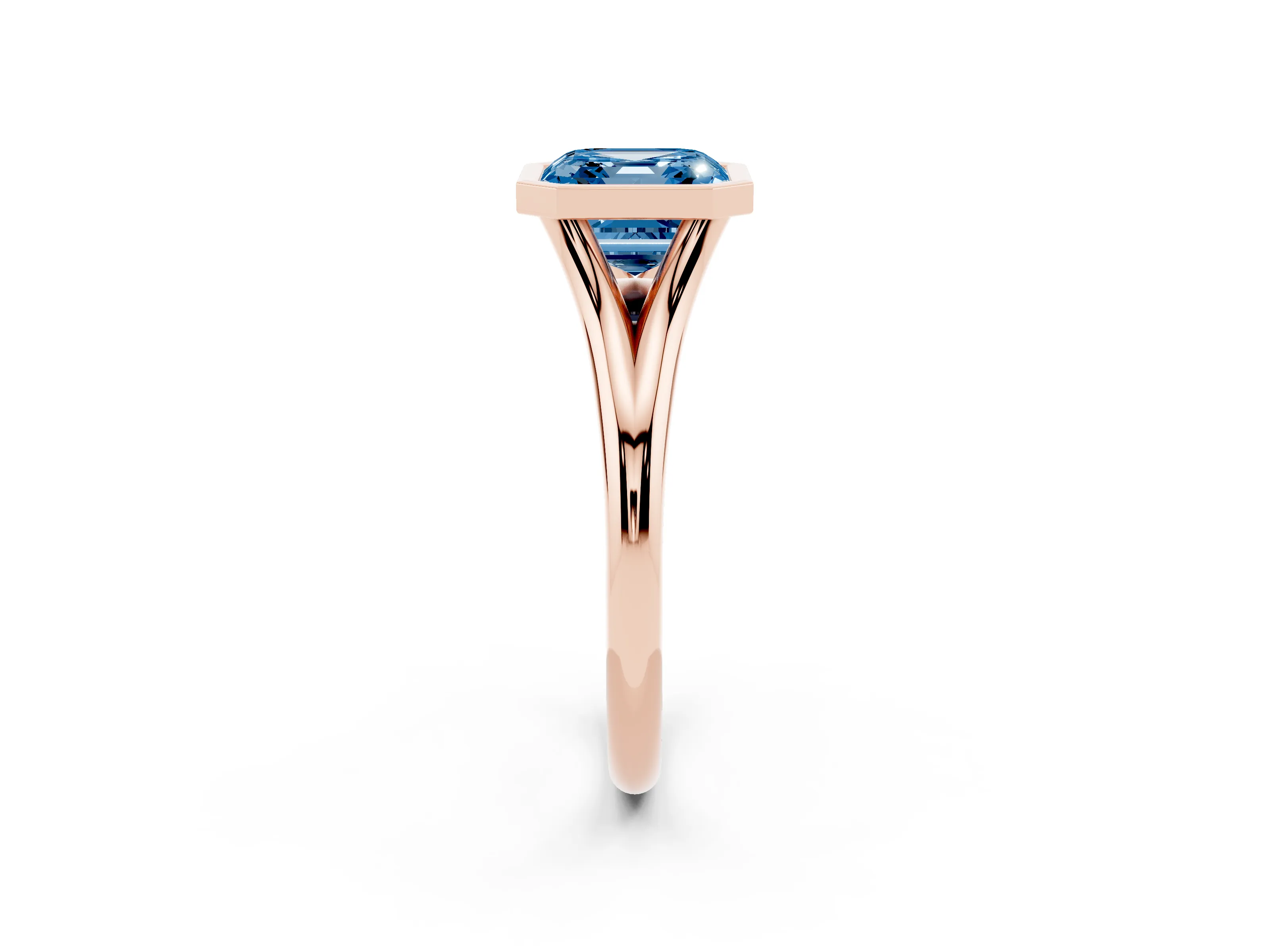 Fancy Blue Bezel Set Asscher Cut Diamond Solitaire Ring Set in Rose gold with Tapered Band