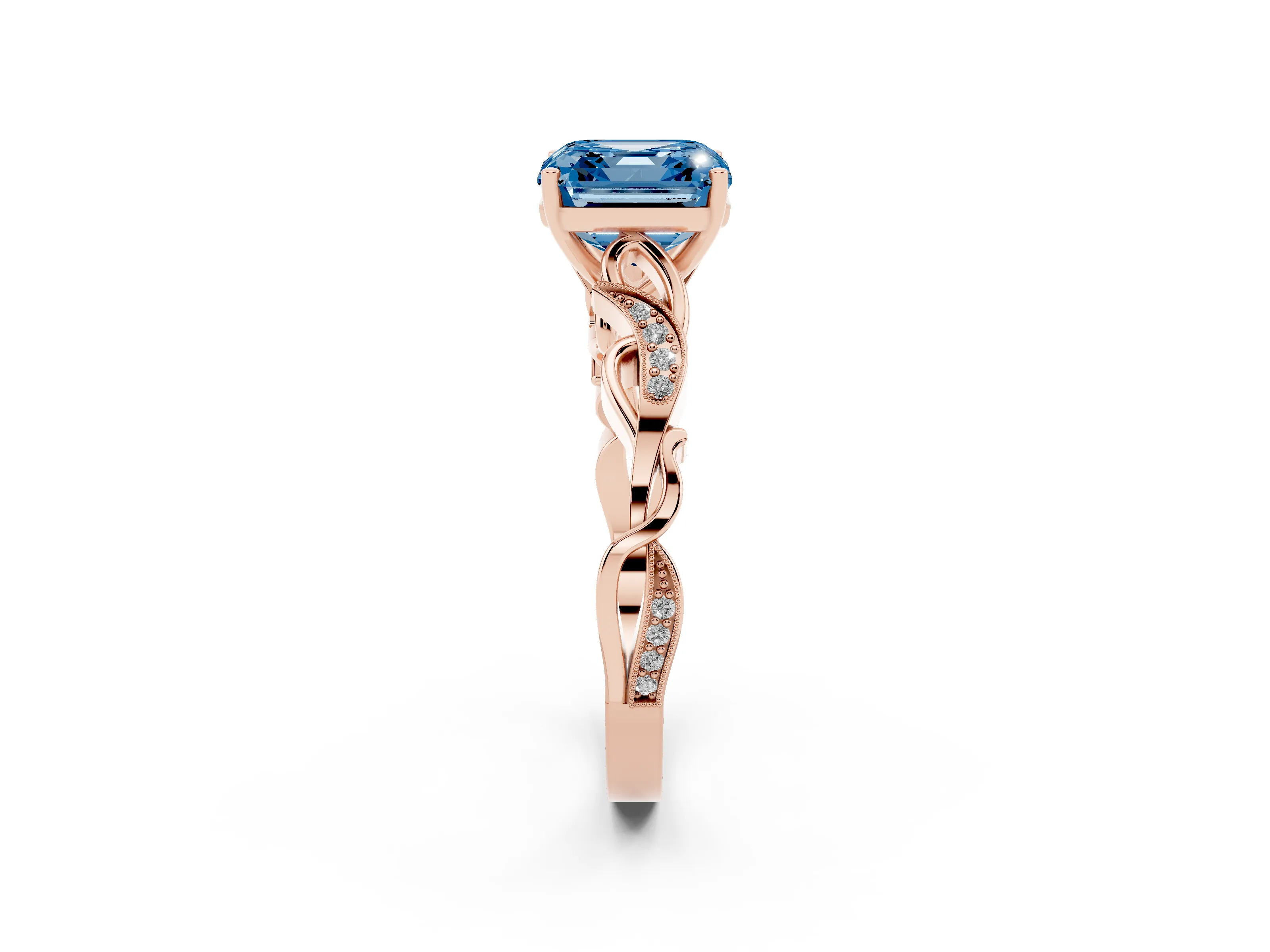 Fancy Blue Asscher Cut Diamond Vine Band Solitaire Ring Set in Rose gold with Milgrain Prong Setting
