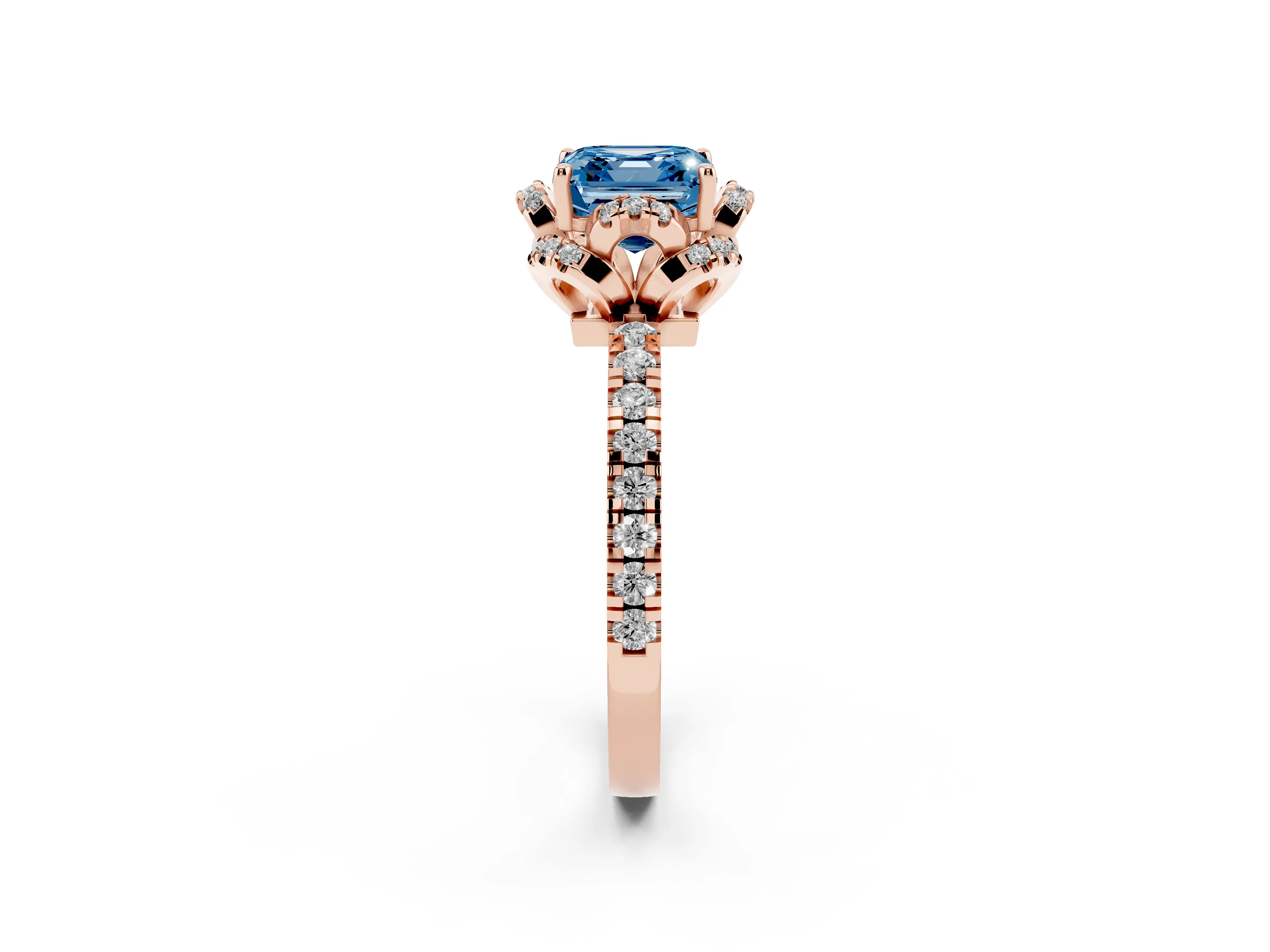 Fancy Blue Asscher Cut Diamond Halo Pavé Ring Set in Rose gold with Prong-Held Center Stone
