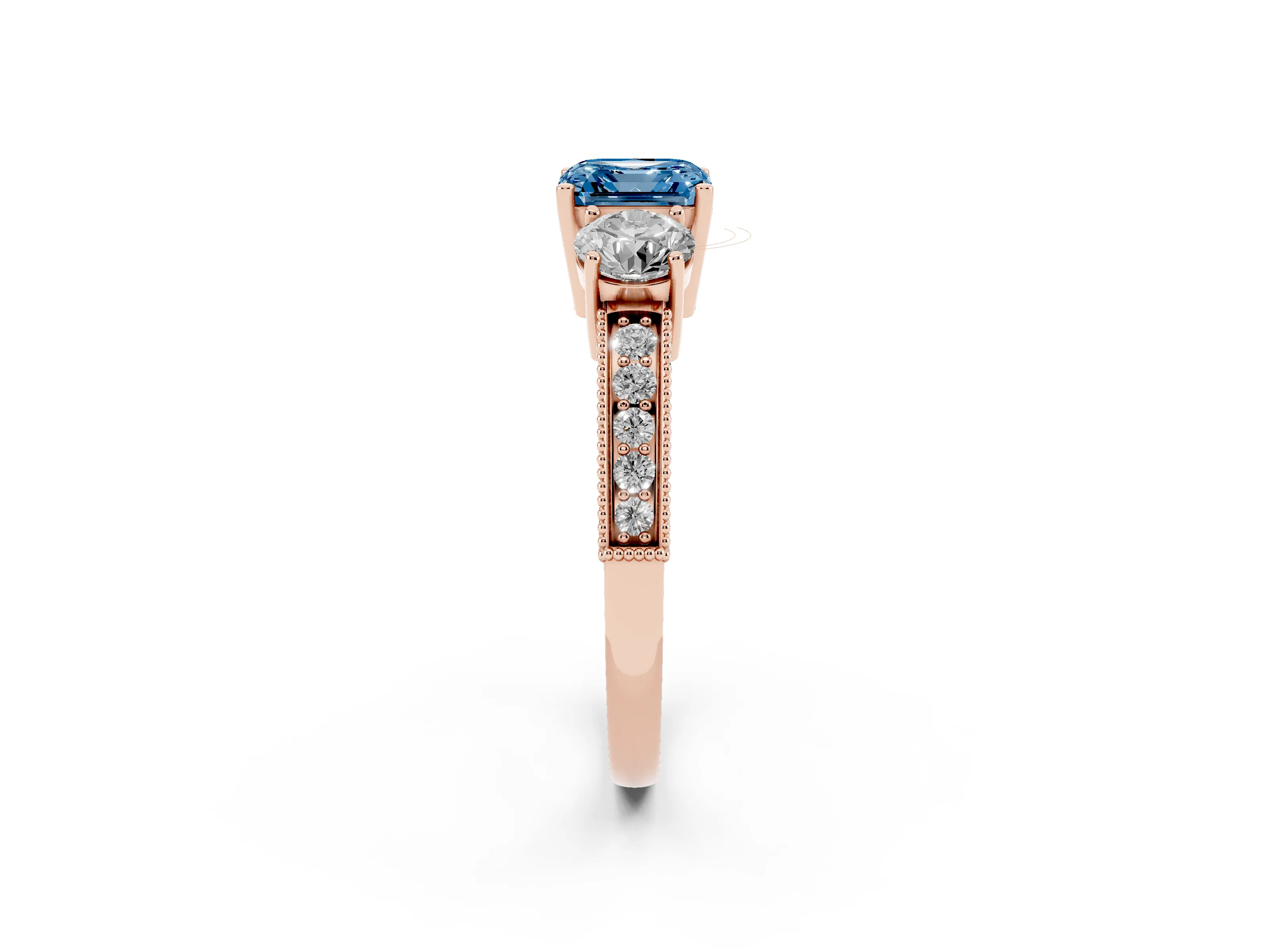 Fancy Blue Asscher Cut Diamond Three-Stone Ring Set in Rose gold with Round Side Stones and Pavé Band