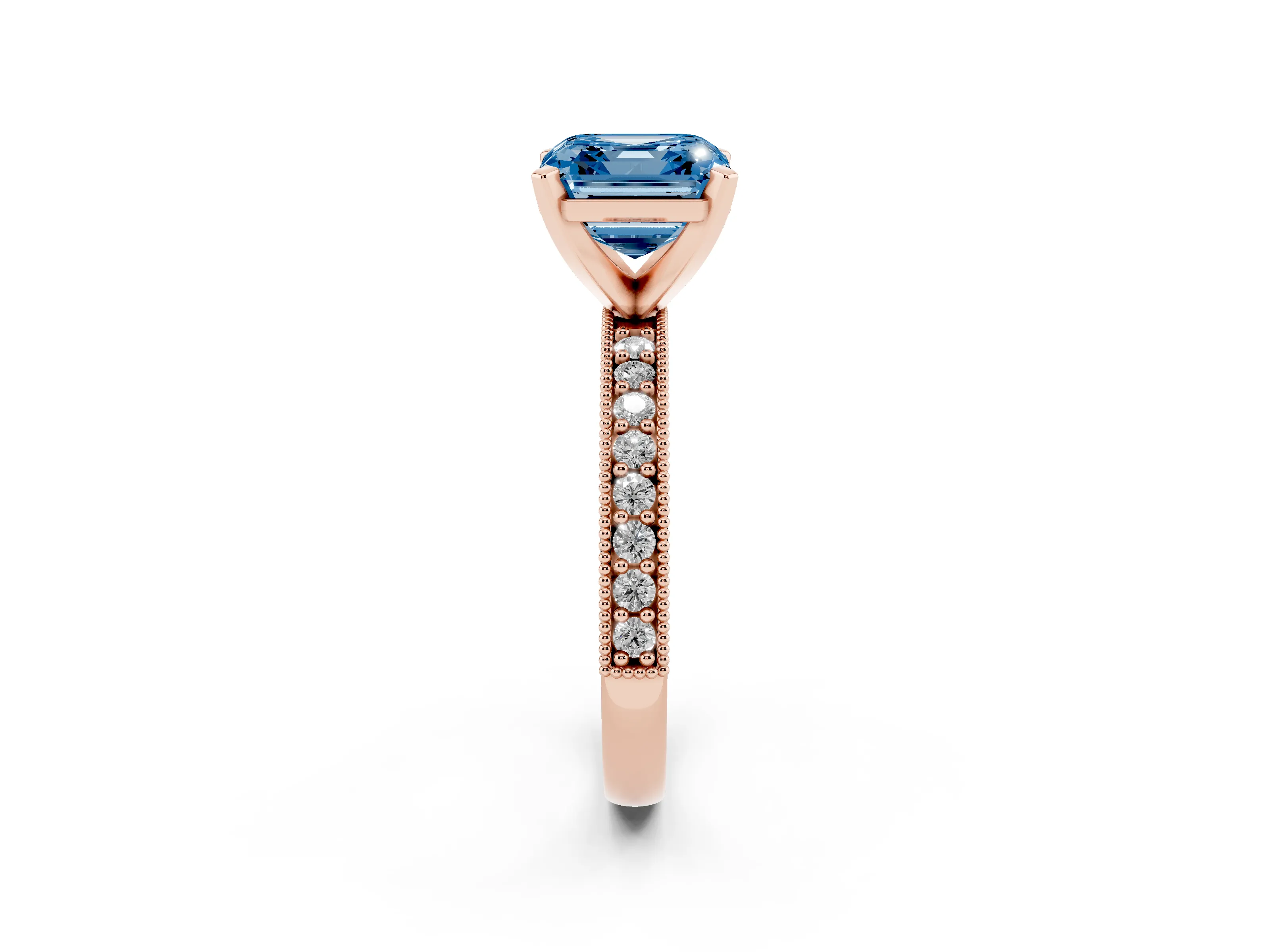 Fancy Blue Asscher Cut Diamond Milgrain Pavé Engagement Ring Set in Rose gold with Prong Setting
