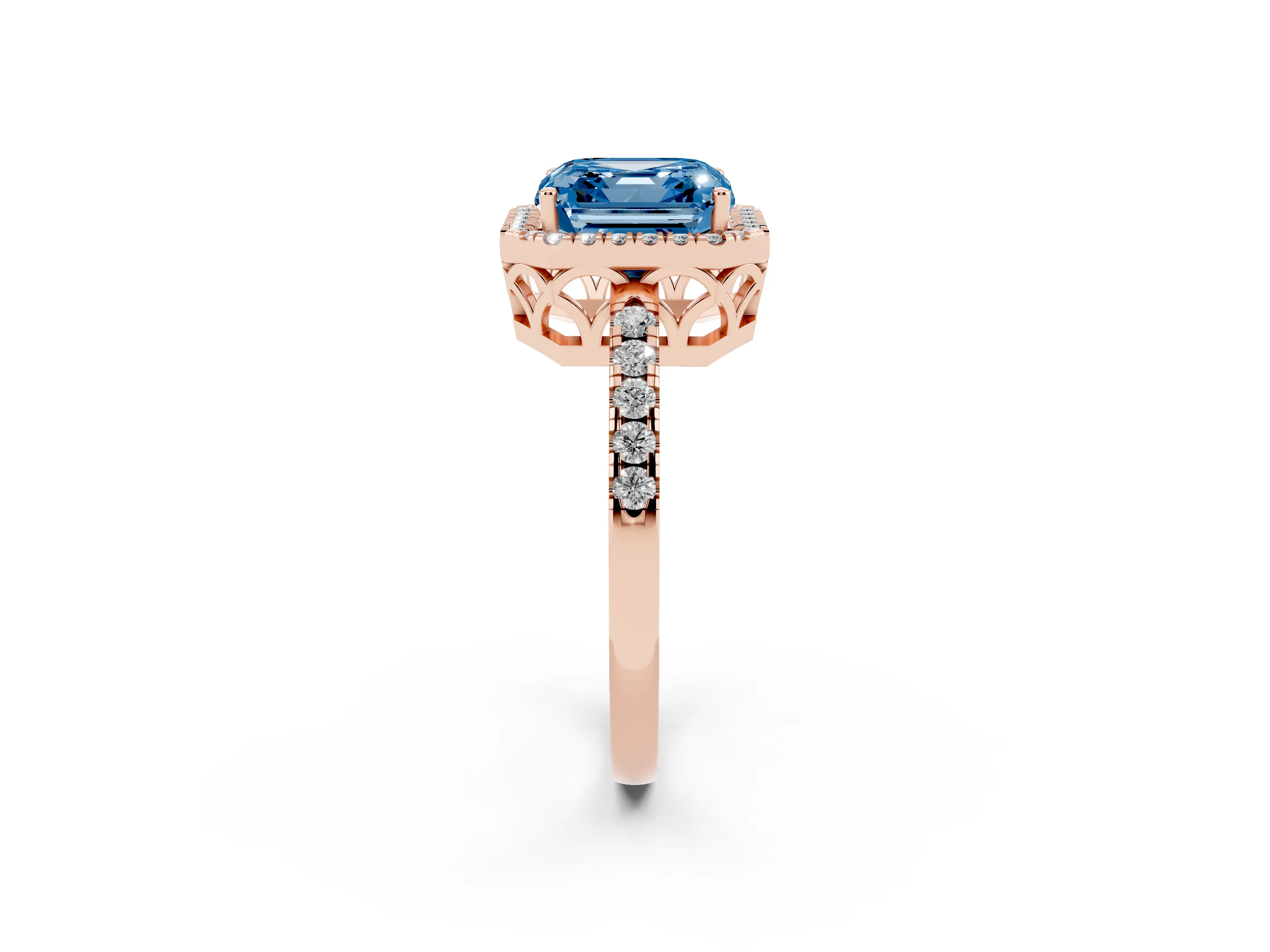 Fancy Blue Asscher Cut Diamond Pavé Band Halo Engagement Ring Set in Rose gold with Prong Setting