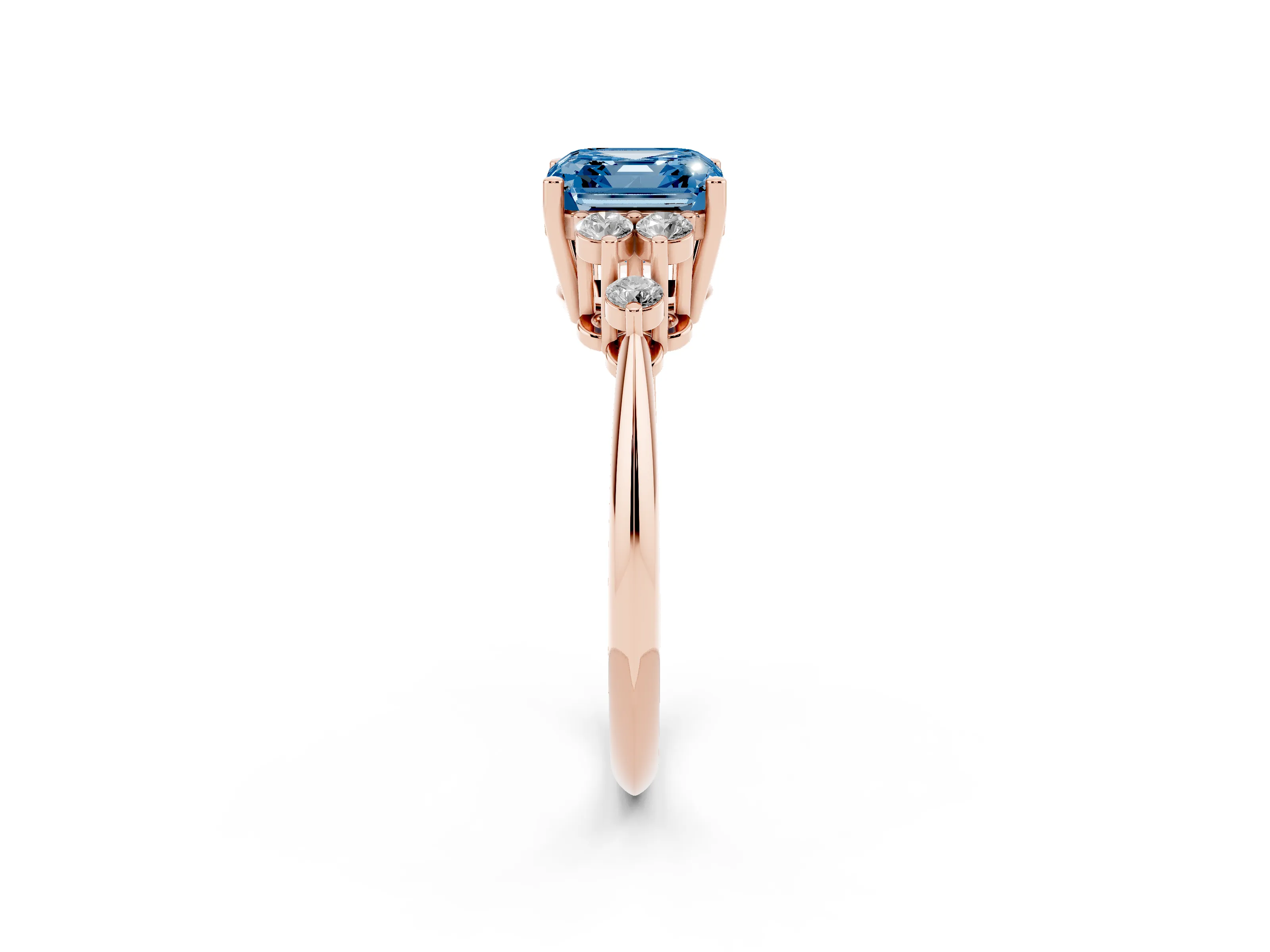 Fancy Blue Asscher Cut Diamond Cluster Ring Set in Rose gold with Plain Band and Prong Setting