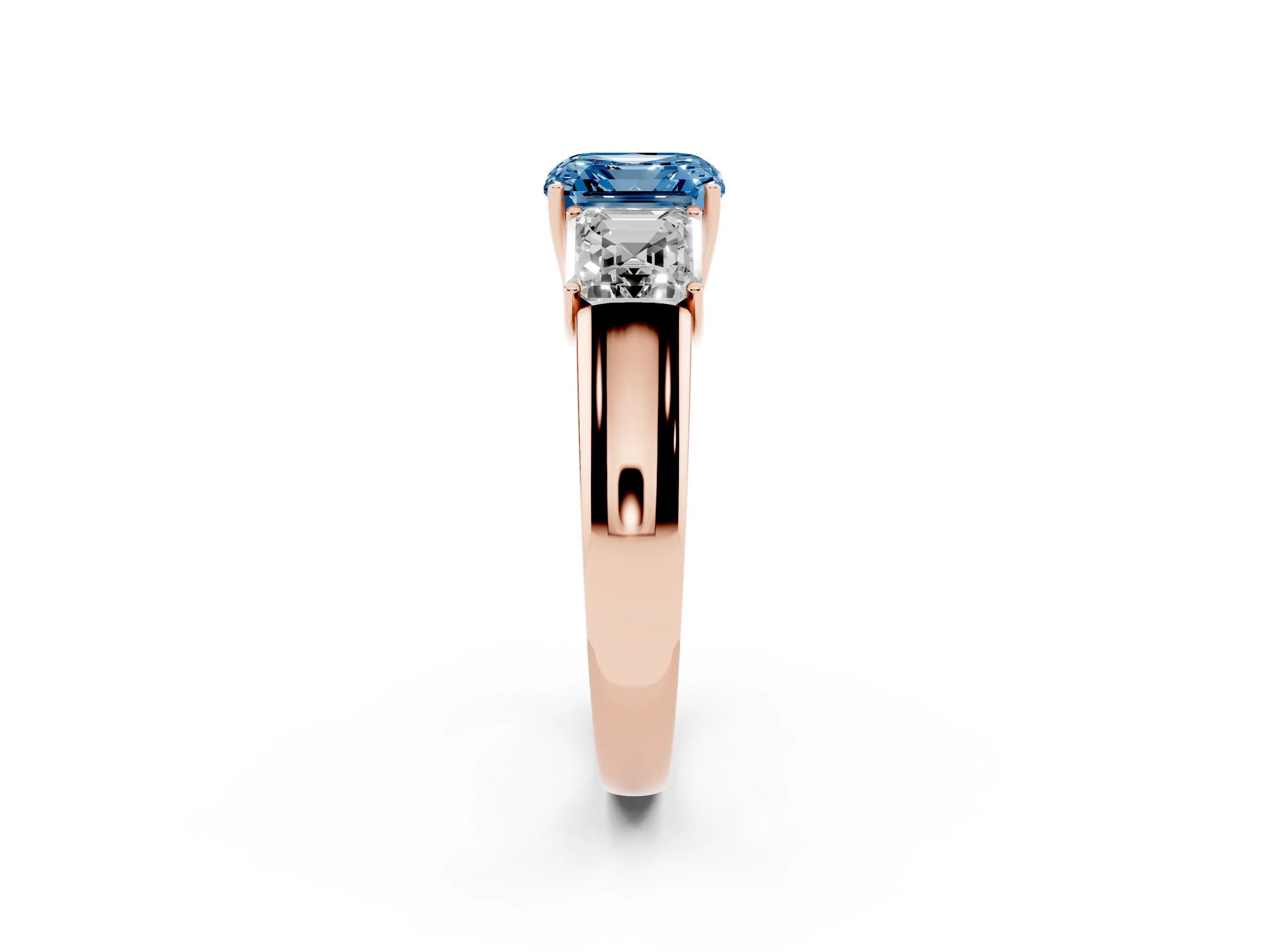 Fancy Blue Three-Stone Asscher Cut Diamond Ring Set in Rose gold with Matching Prong Settings and Plain Band
