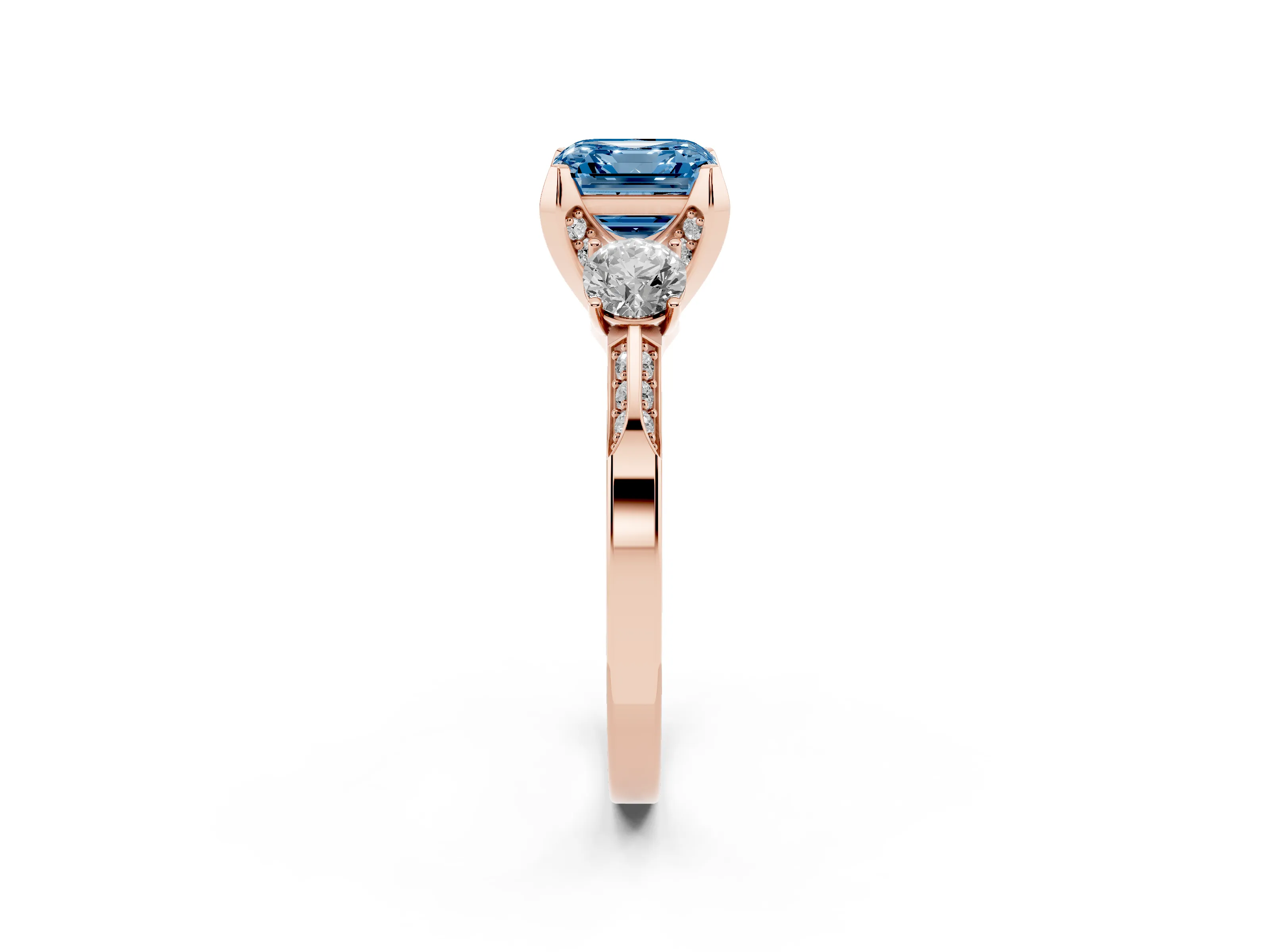 Fancy Blue Asscher Cut Diamond Three-Stone Ring Set in Rose gold with Pavé Band and Smaller Side Stones