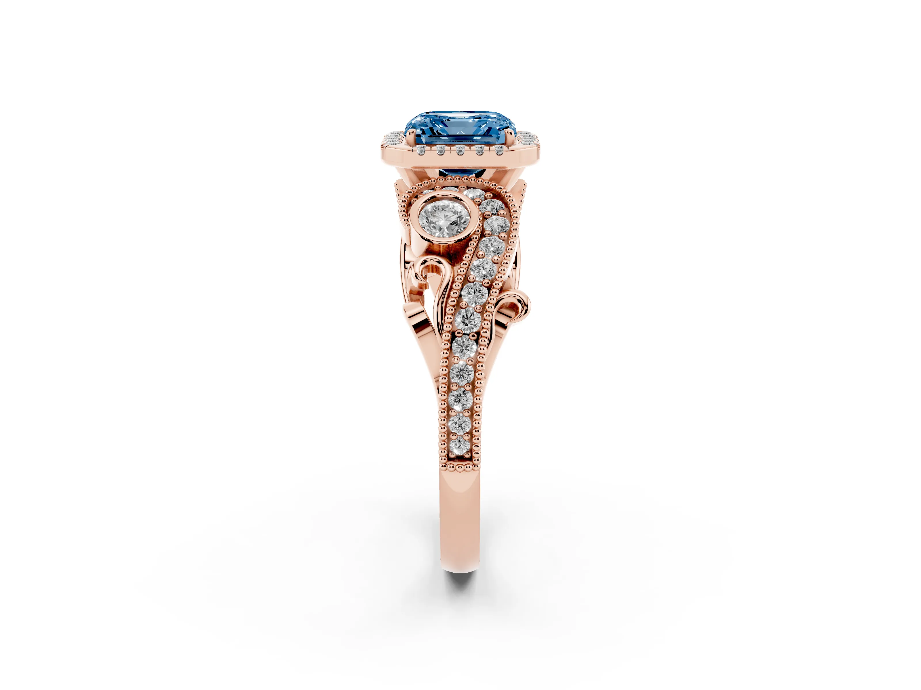 Fancy Blue Asscher Cut Diamond Halo Ring Set in Rose gold with Milgrain Pavé Band and Prong Setting