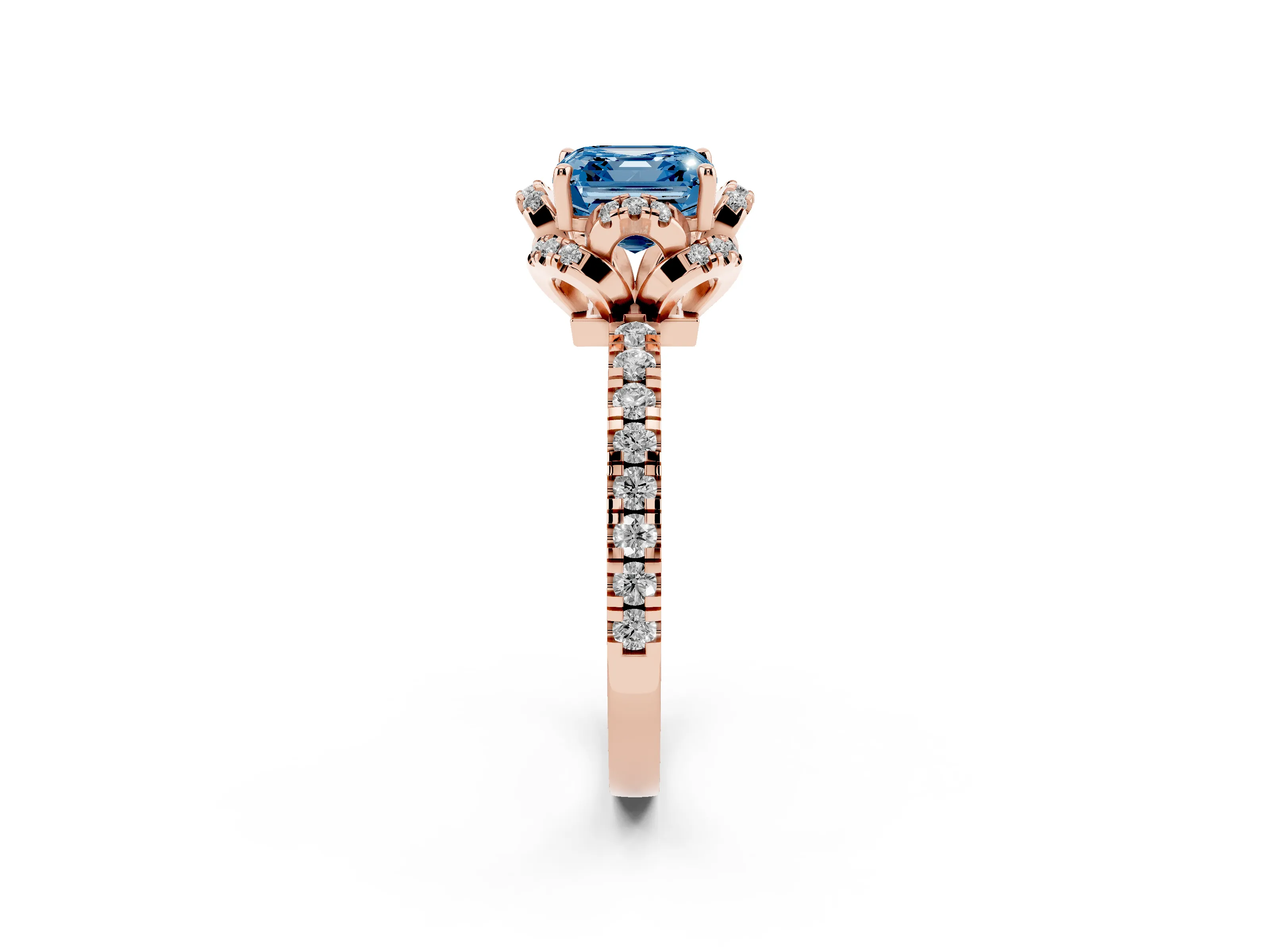 Fancy Blue Asscher Cut Diamond Halo Pavé Band Ring Set in Rose gold with Prong-Held Center
