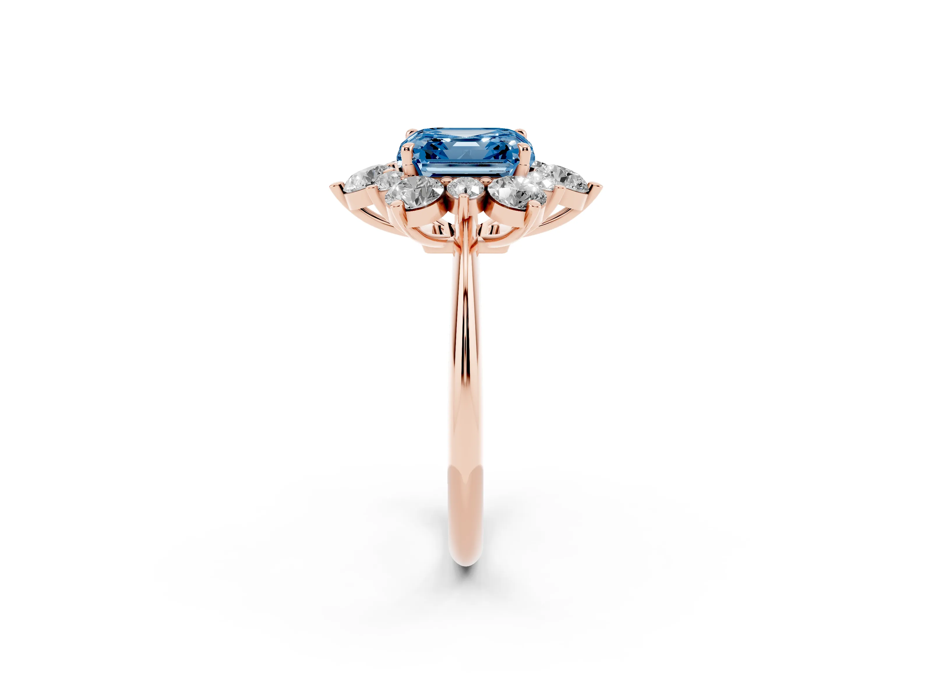 Fancy Blue Asscher Cut Diamond Cluster Halo Ring Set in Rose gold with Solitaire Band and Prong Setting