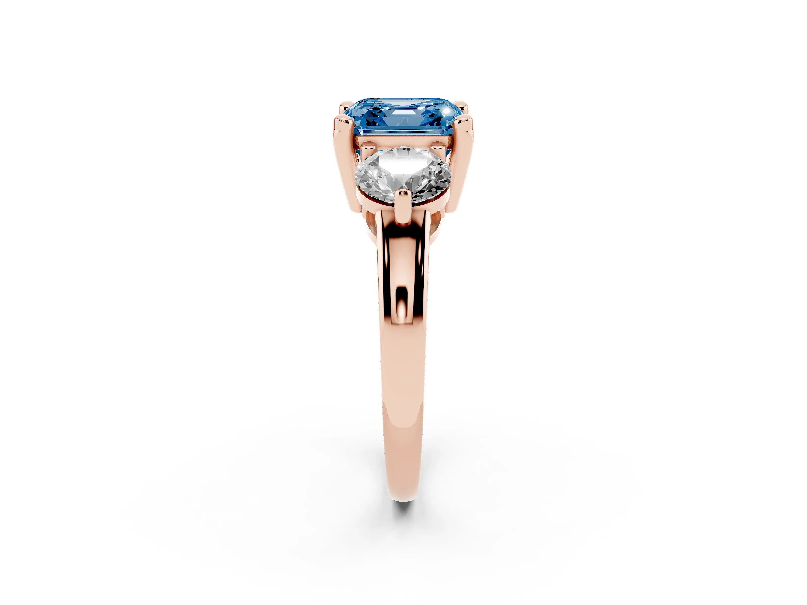 Fancy Blue Asscher Cut Diamond Three-Stone Ring Set in Rose gold with Prong Setting and Classic Band